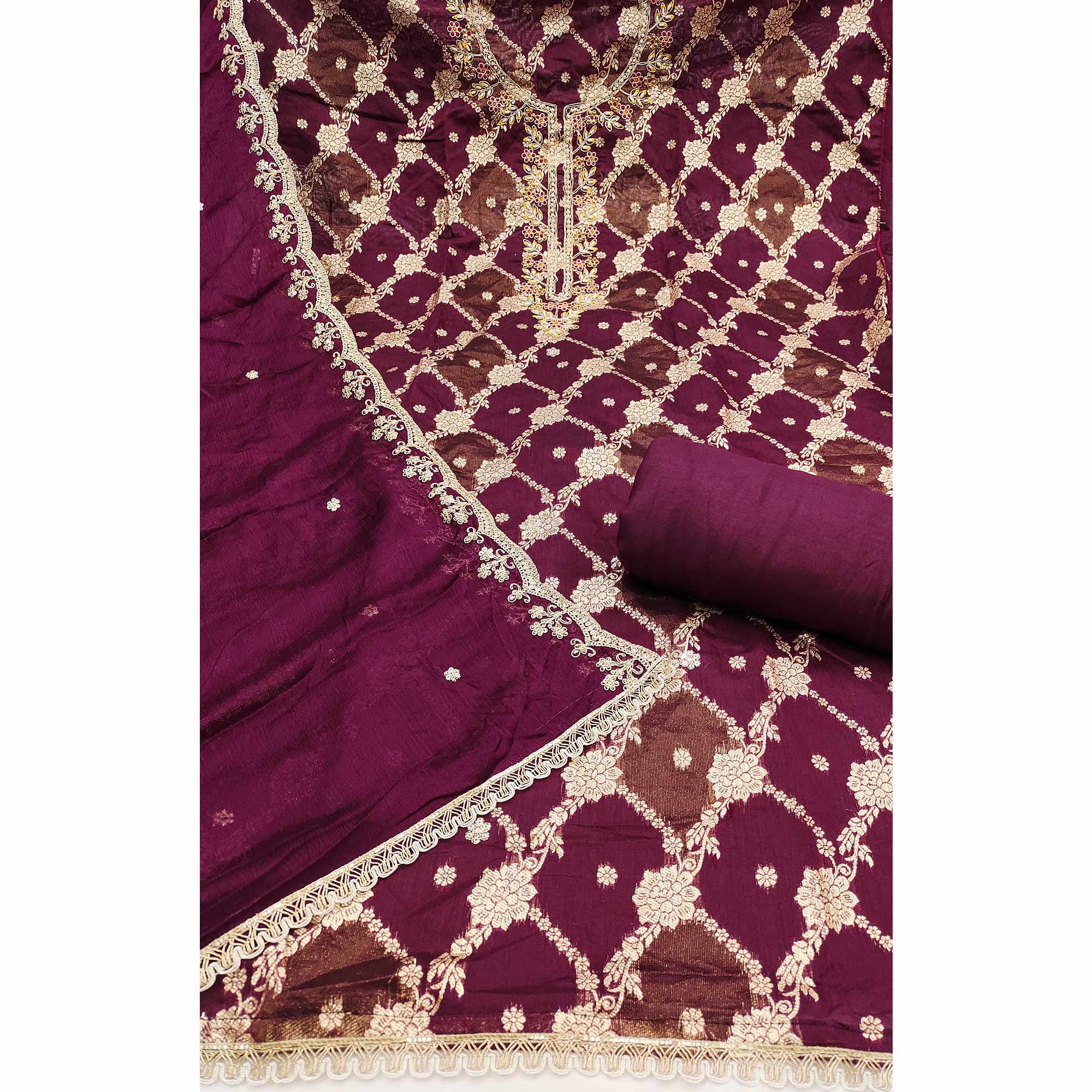 Opulent Wine Floral Woven Banarasi Silk Dress Material With Detailed Handwork & Sequin Embroidery