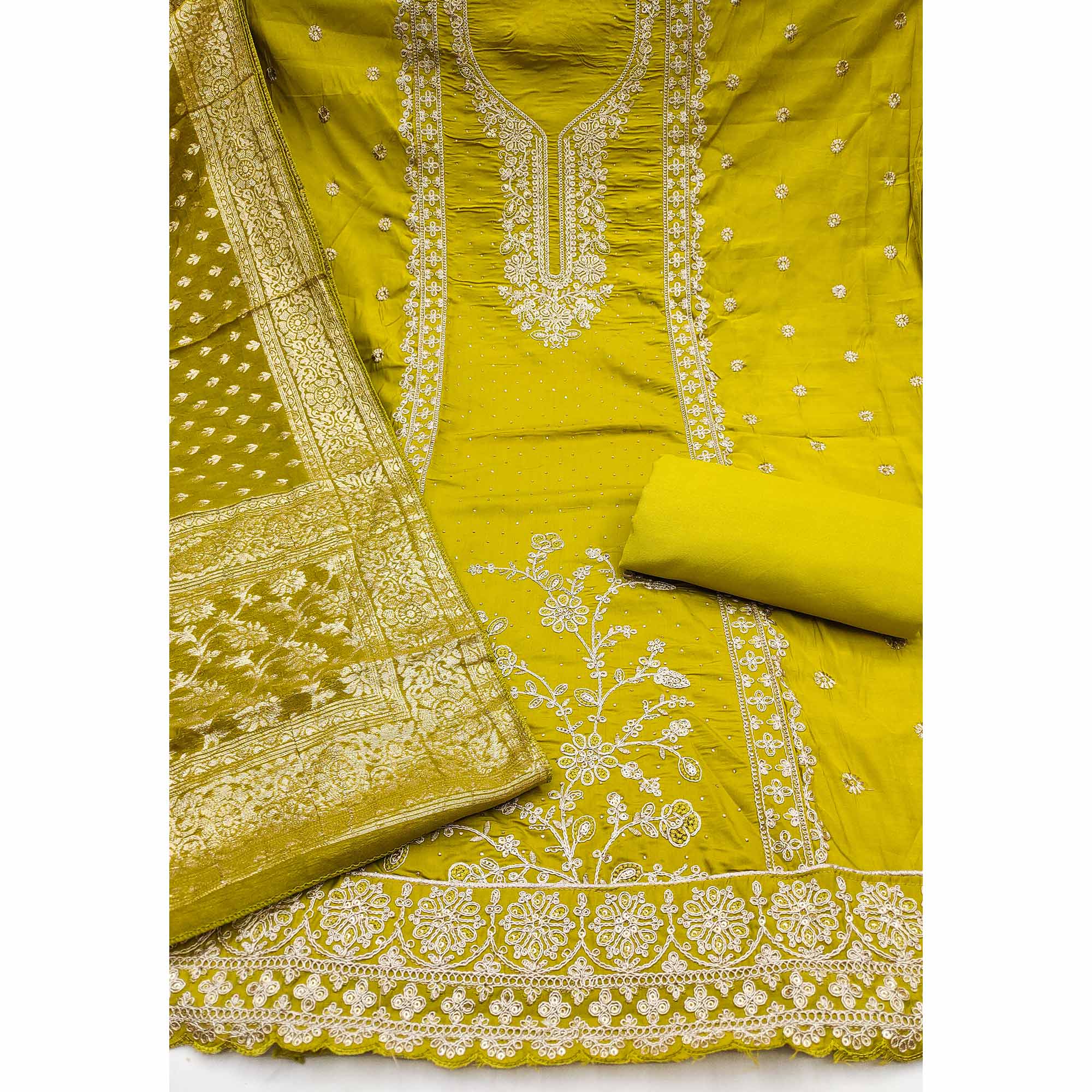 Luxury Green Floral Embroidered Cotton Silk Dress Material Enhanced With Swarovski Work
