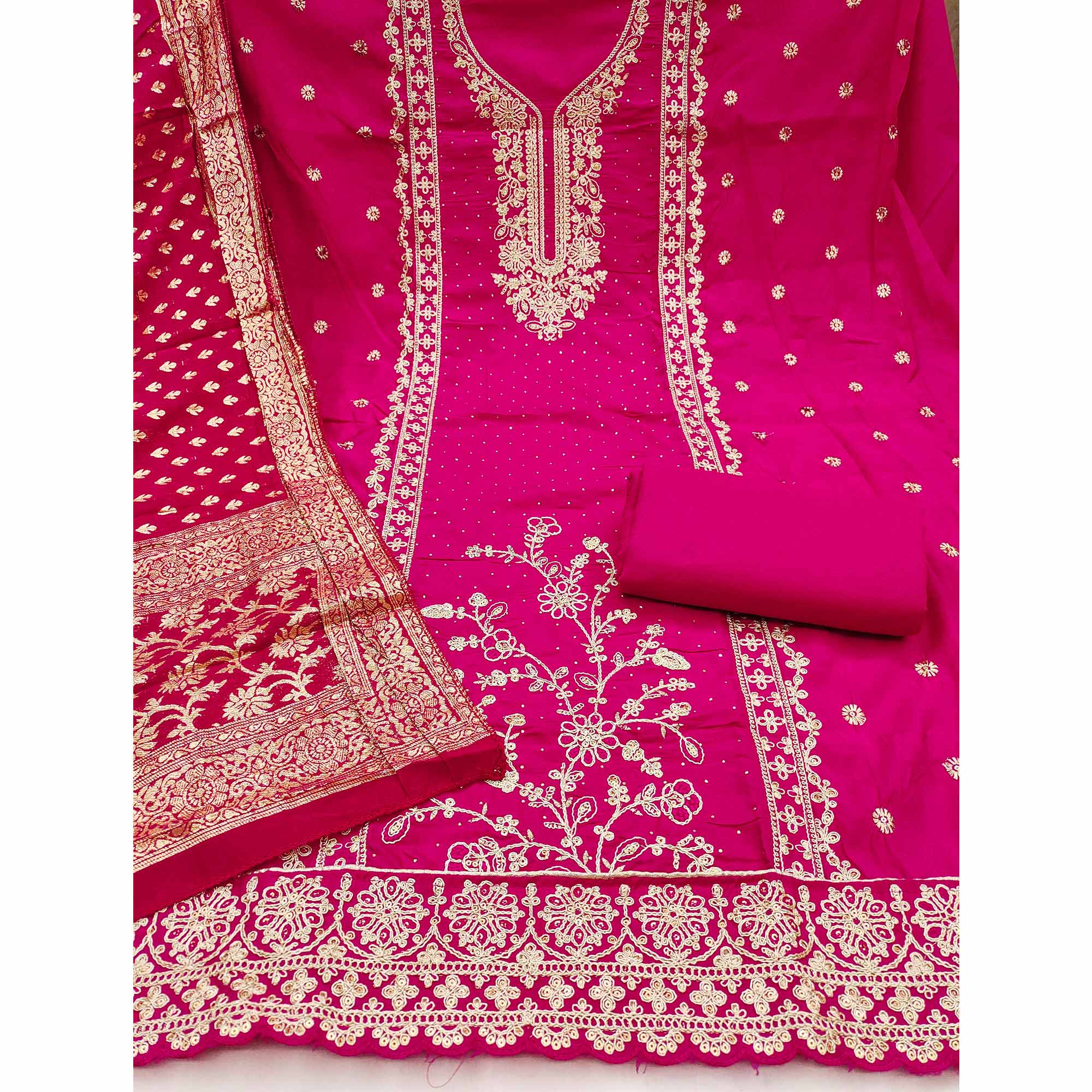 Luxury Pink  Floral Embroidered Cotton Silk Dress Material Enhanced With Swarovski Work