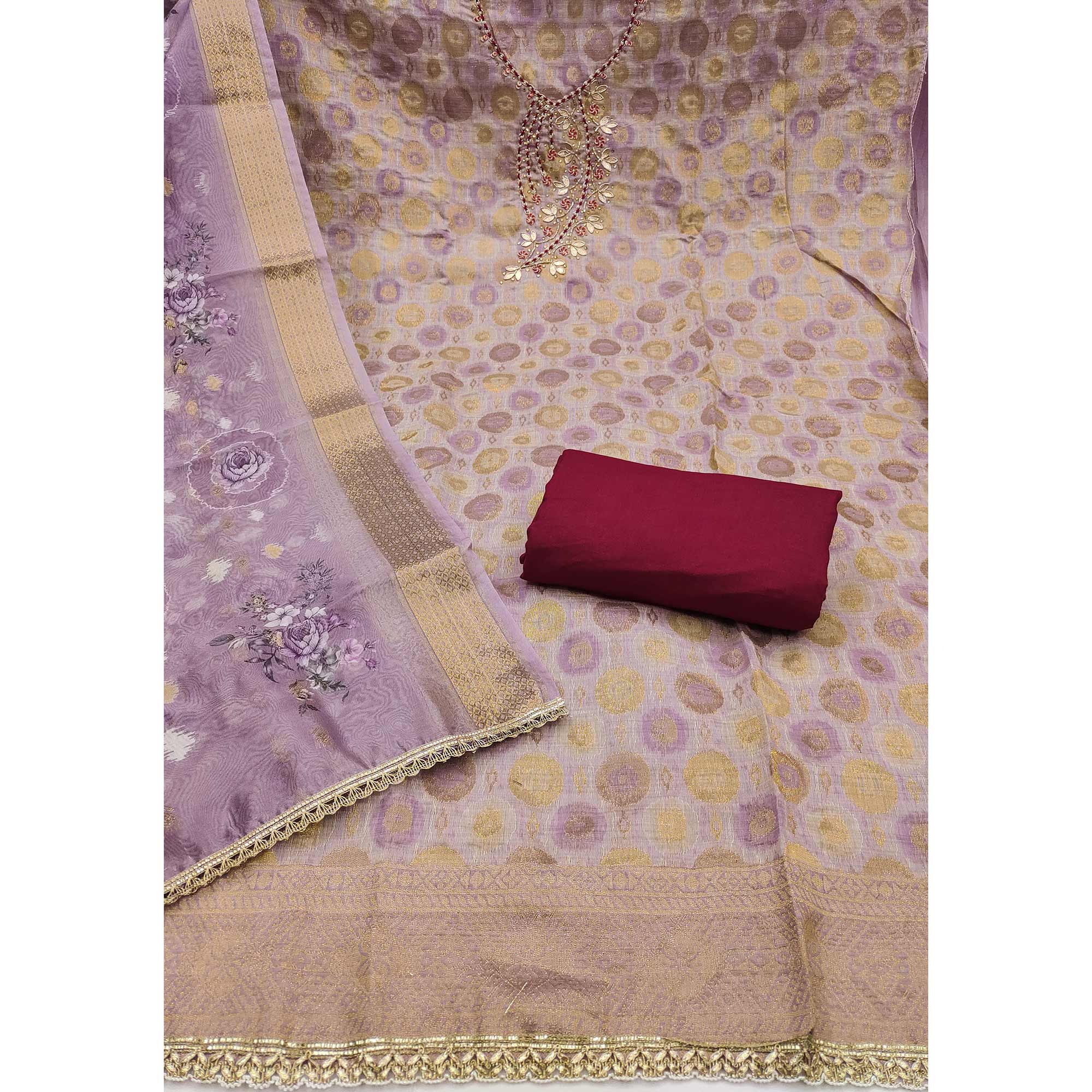 Sophisticated lavender Zari Woven Jacquard Dress Material Highlighted With Floral Handwork