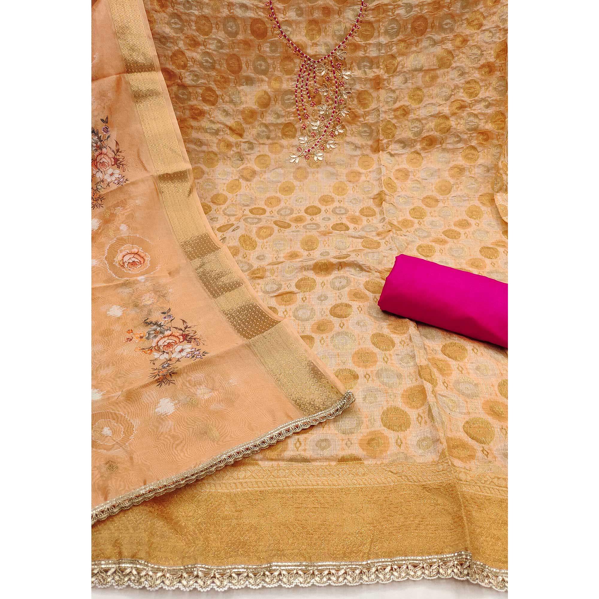 Sophisticated Light Peach Zari Woven Jacquard Dress Material Highlighted With Floral Handwork