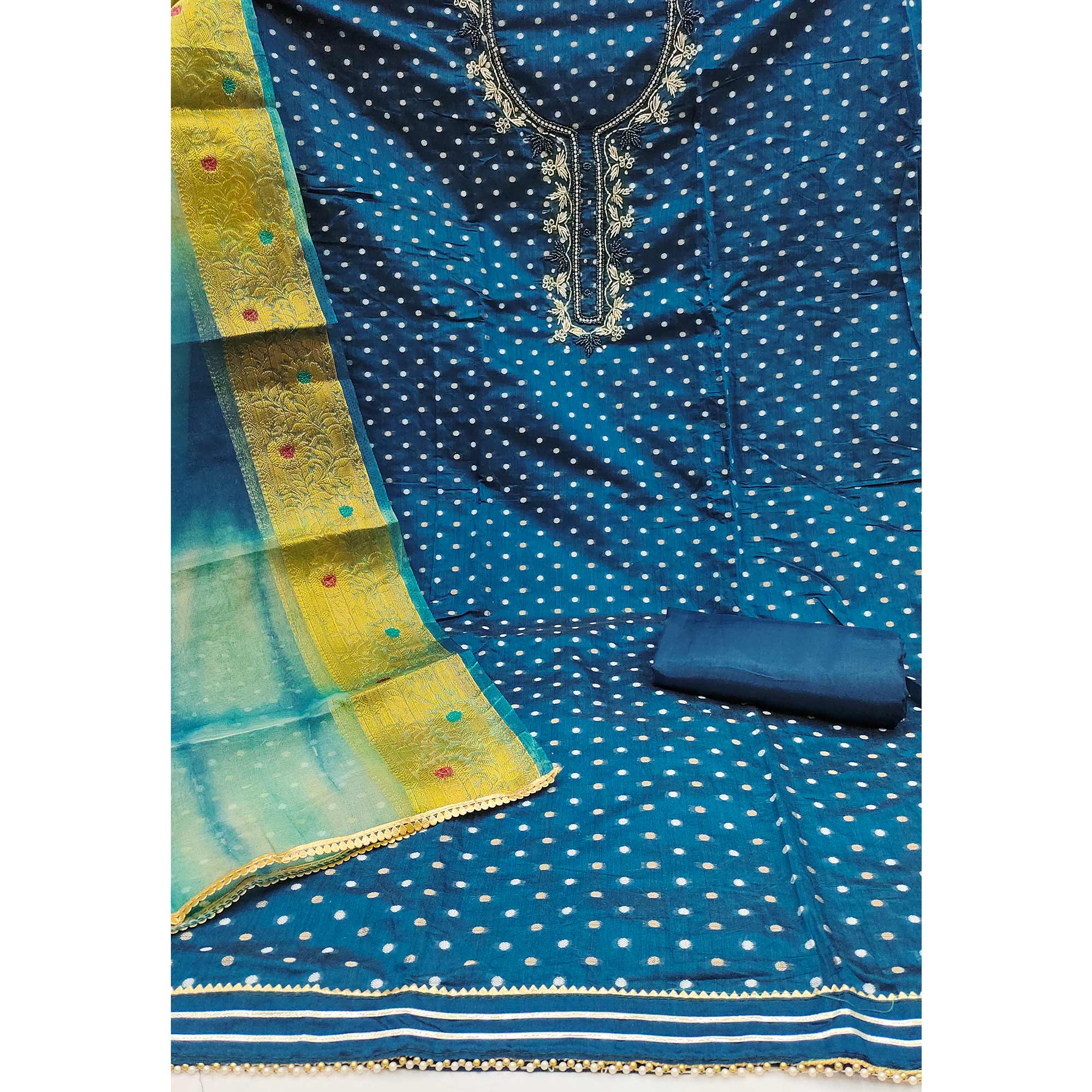 Premium Blue Woven Chanderi Silk Dress Material Highlighted with Beads & Moti Work