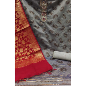 Timeless Grey Floral Printed Chanderi Silk Dress Material Enhanced With Intricate Moti Handwork
