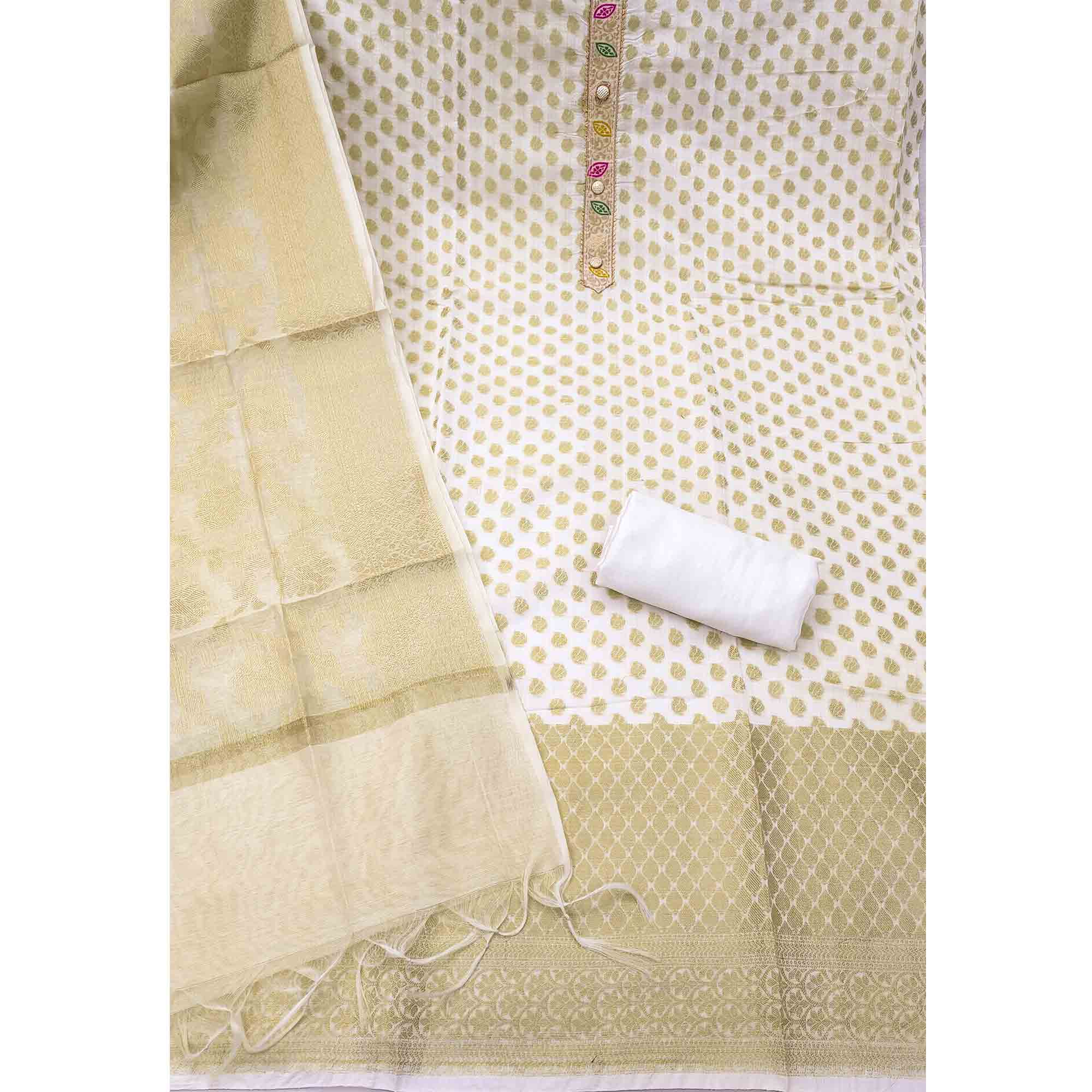Luxurious White Golden Butti Banarasi Silk Weaving Dress Material With Elegant Neck Work