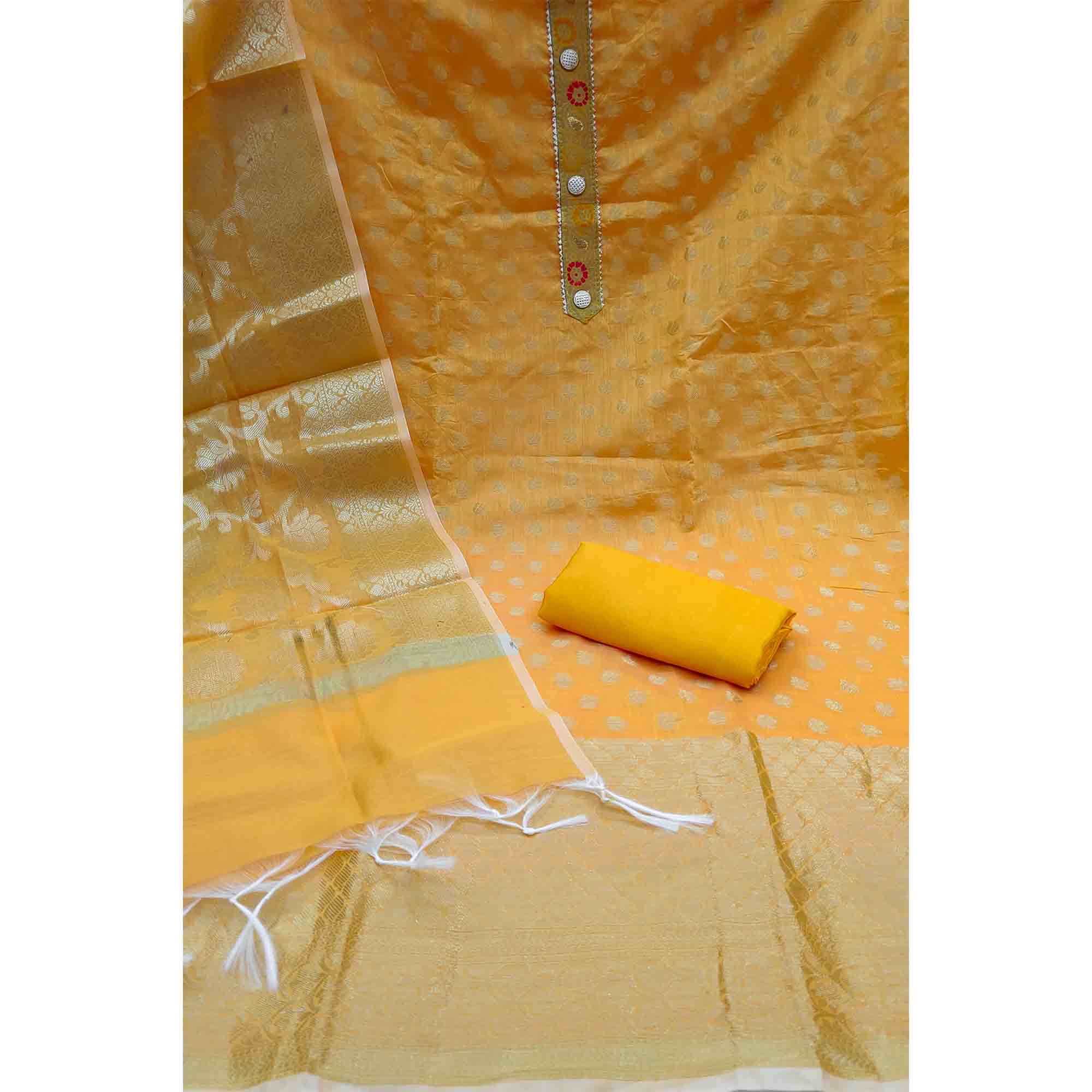 Luxurious Yellow Golden Butti Banarasi Silk Weaving Dress Material With Elegant Neck Work