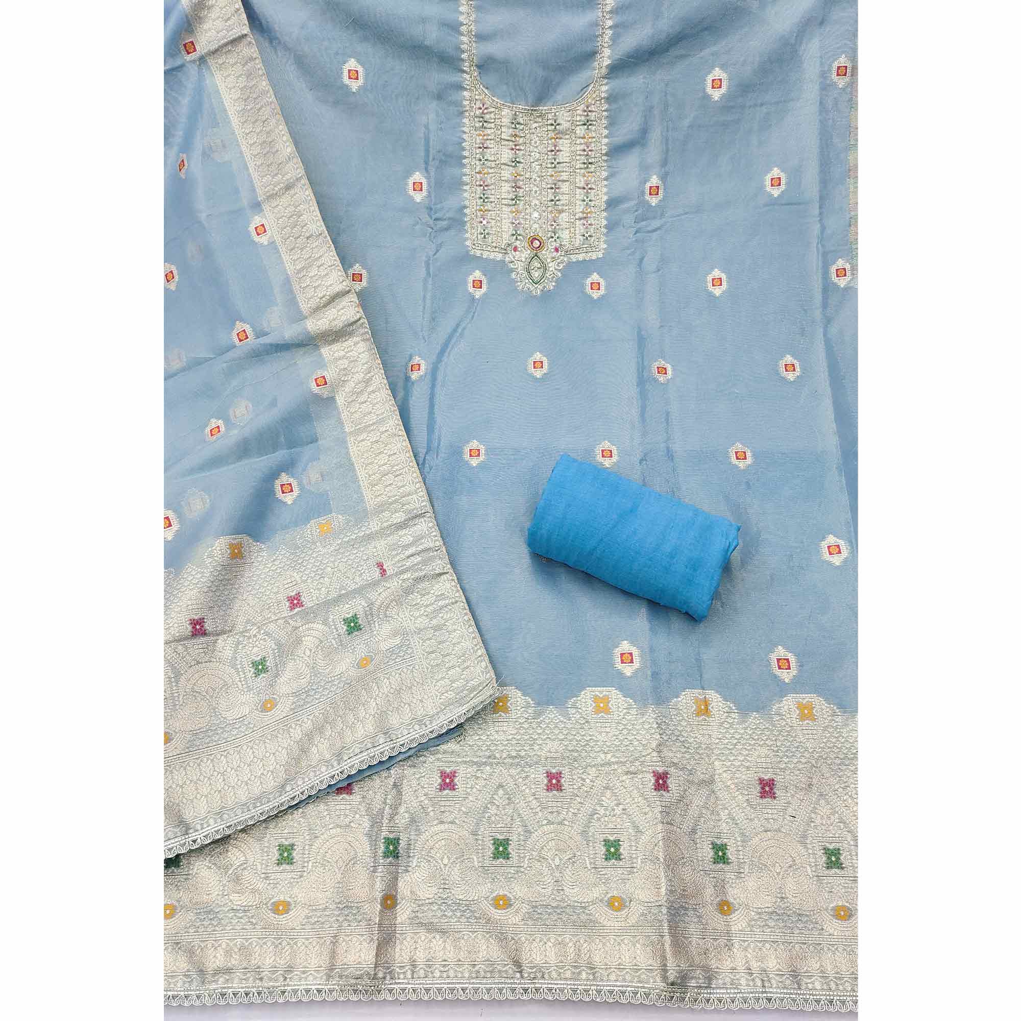 Elegant Blue Floral Weaving Shimmer Banarasi Dress Material With Beads & Sequins Neckline Work