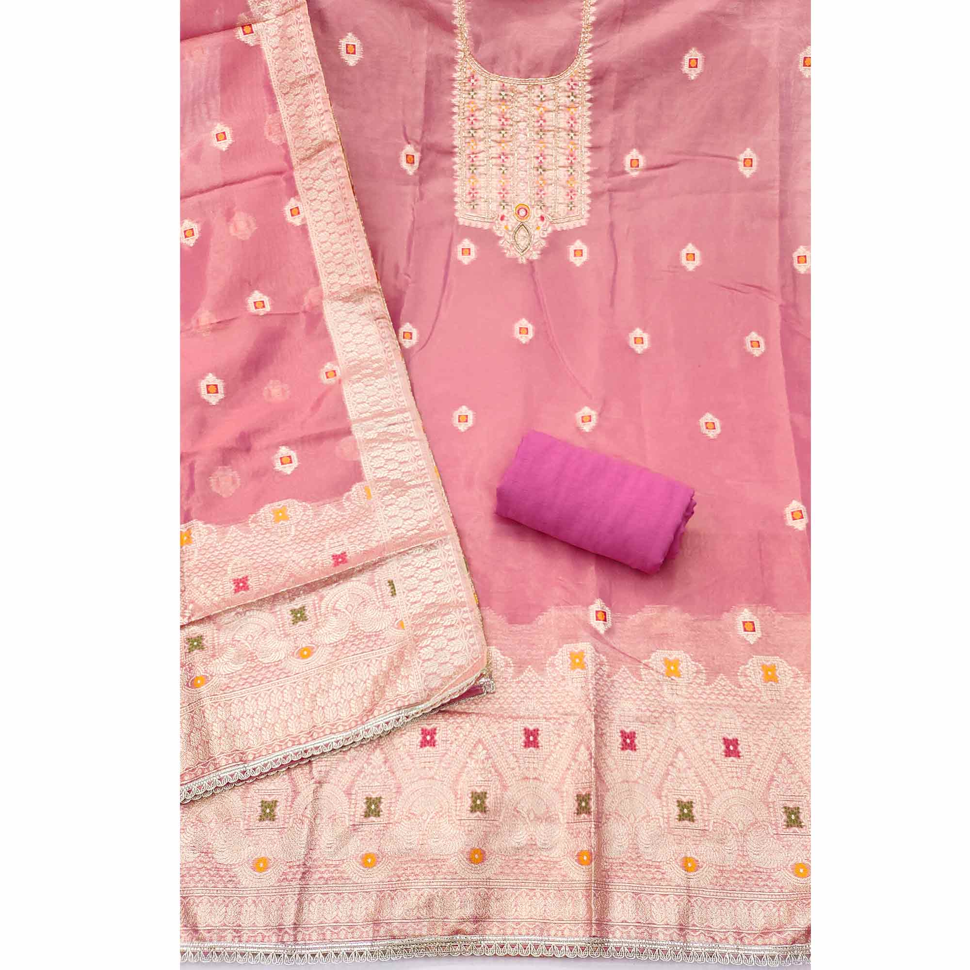 Elegant Pink Floral Weaving Shimmer Banarasi Dress Material With Beads & Sequins Neckline Work