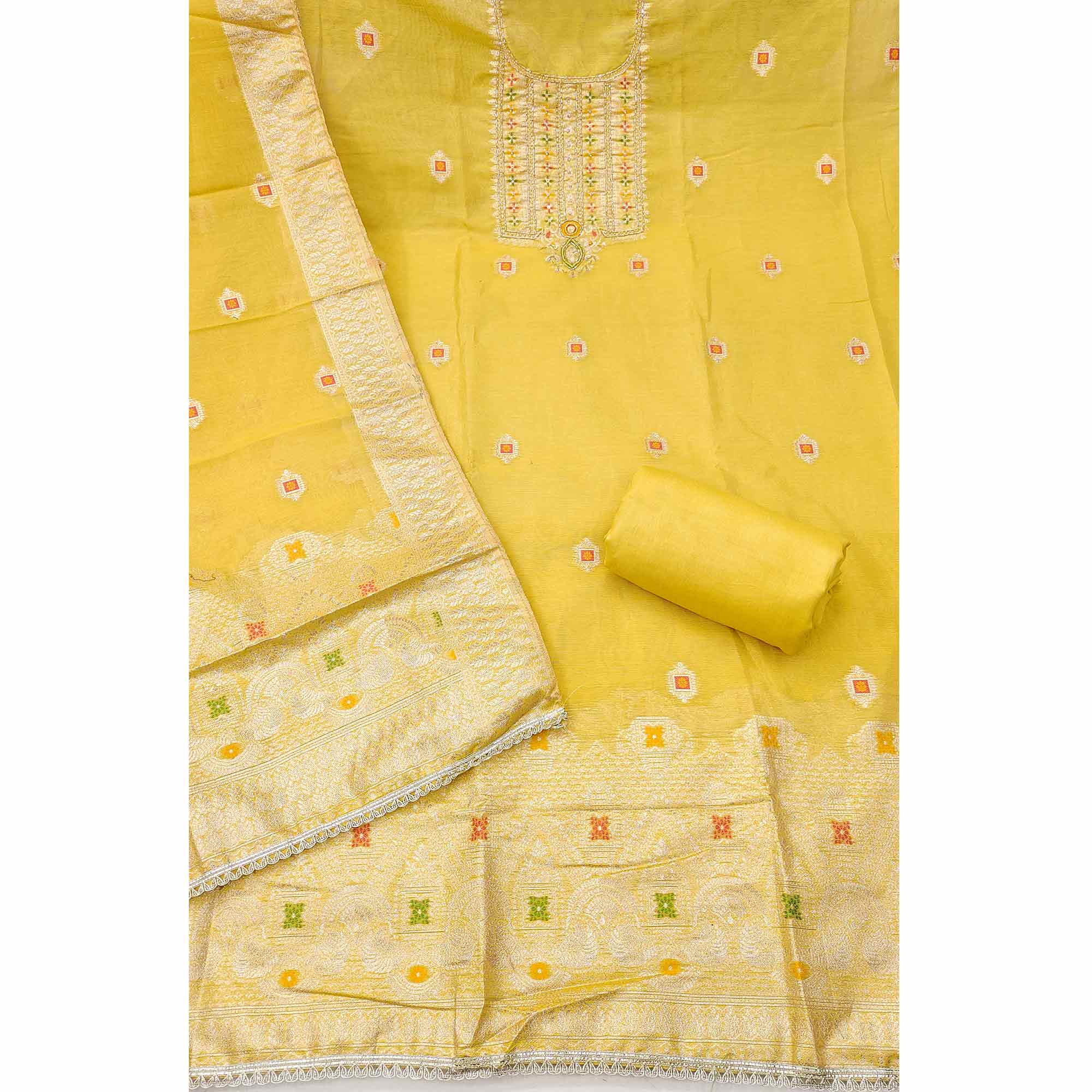 Elegant Yellow Floral Weaving Shimmer Banarasi Dress Material With Beads & Sequins Neckline Work