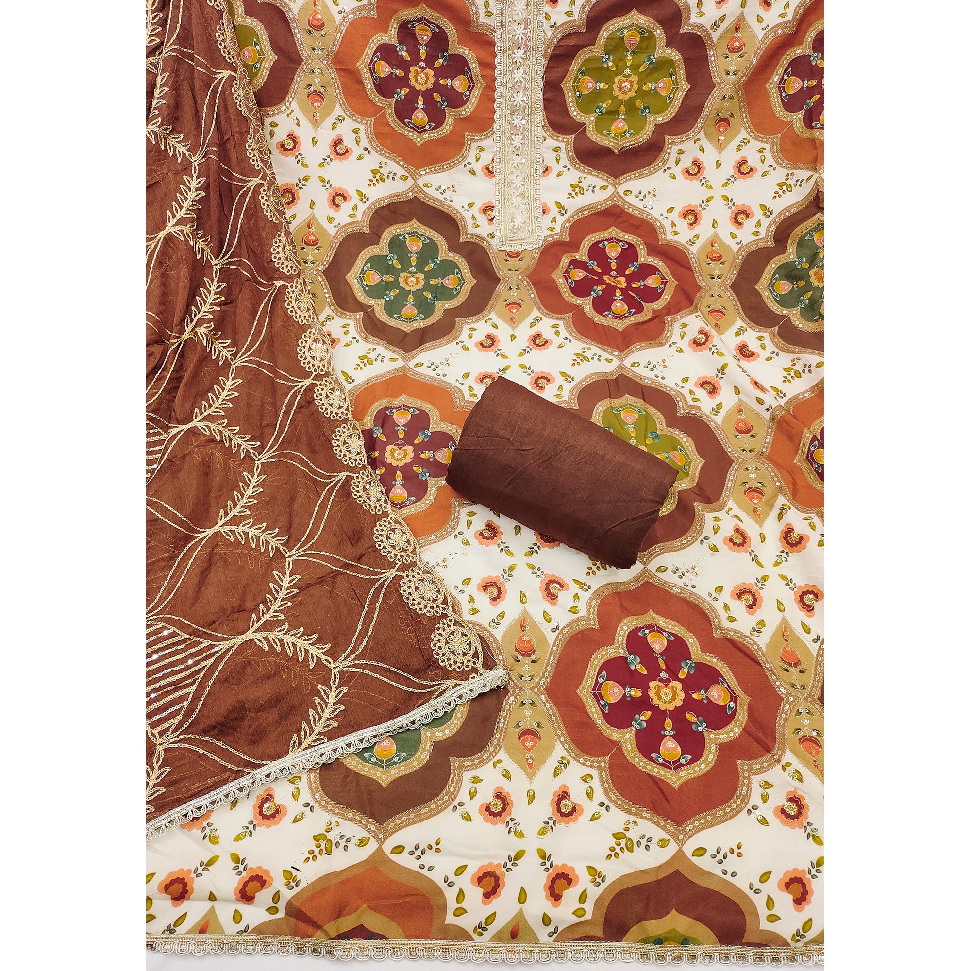 Classic Brown Floral Digital Printed Viscose Dress Material With Sequins Embroidery & Moti Handwork