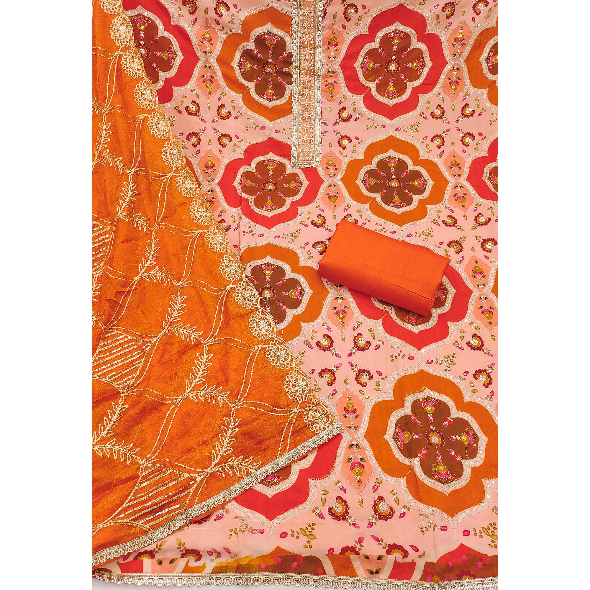 Classic Orange Floral Digital Printed Viscose Dress Material With Sequins Embroidery & Moti Handwork