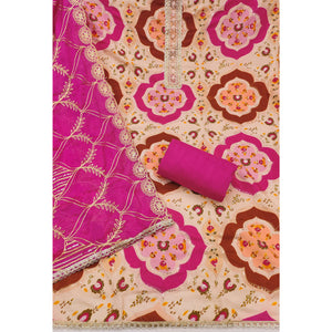 Classic Peach Floral Digital Printed Viscose Dress Material With Sequins Embroidery & Moti Handwork