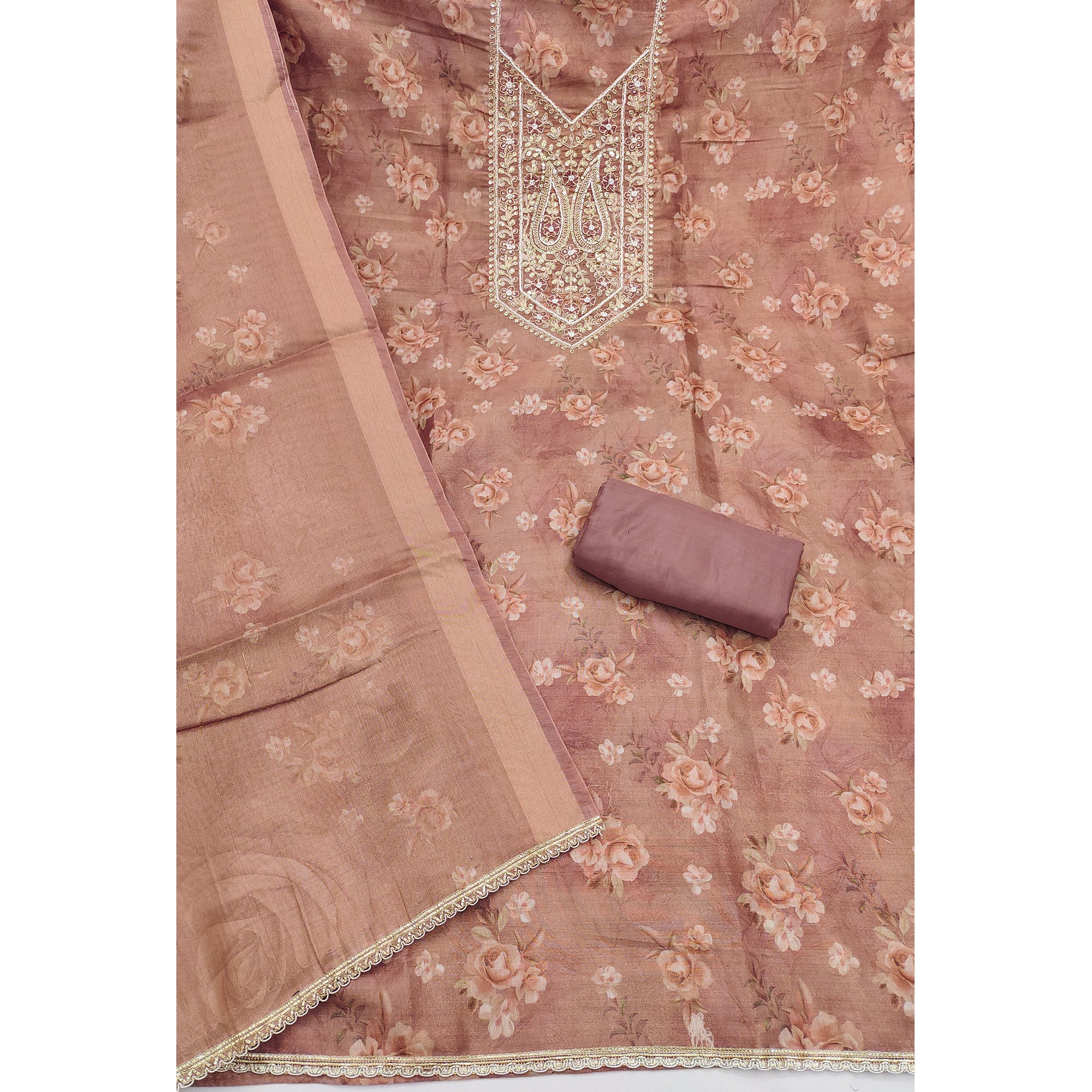 Classic Brown Floral Digital Printed Viscose Dress Material With Sequins Embroidery & Moti Handwork