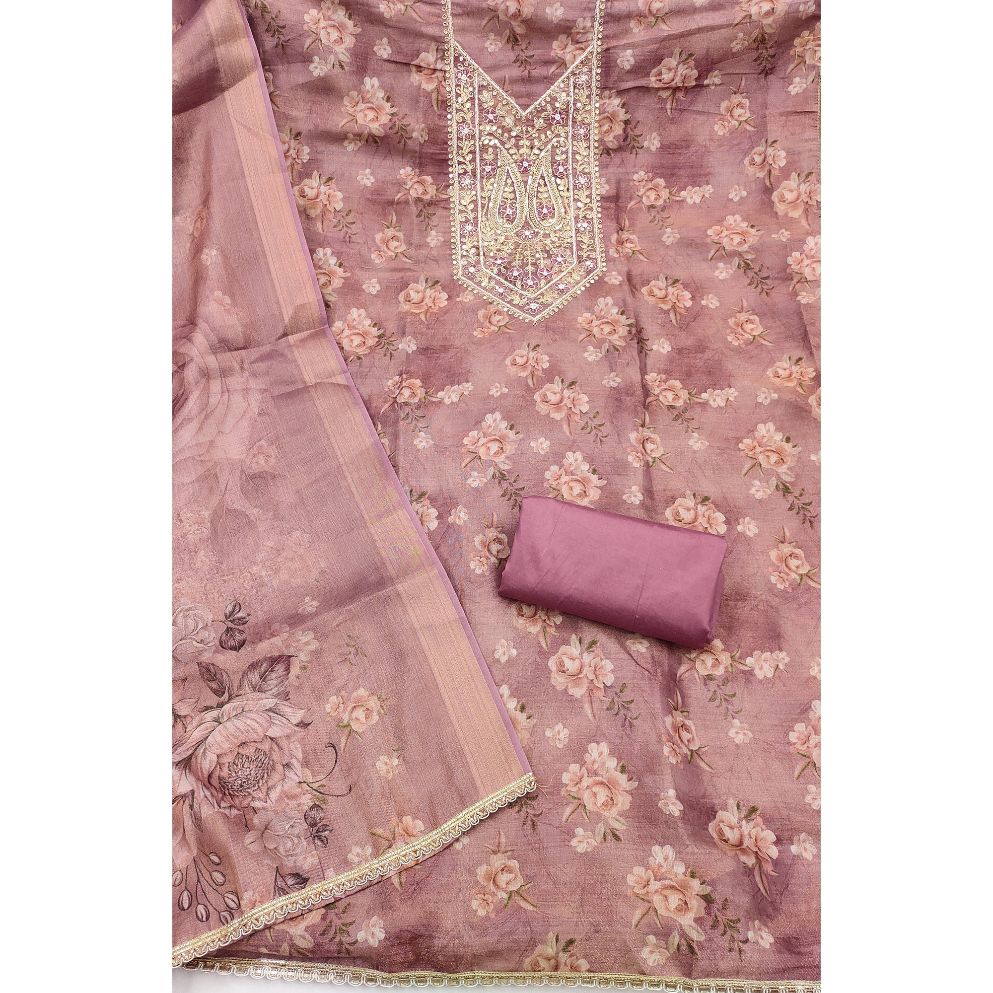 Classic Mauve Floral Digital Printed Viscose Dress Material With Sequins Embroidery & Moti Handwork