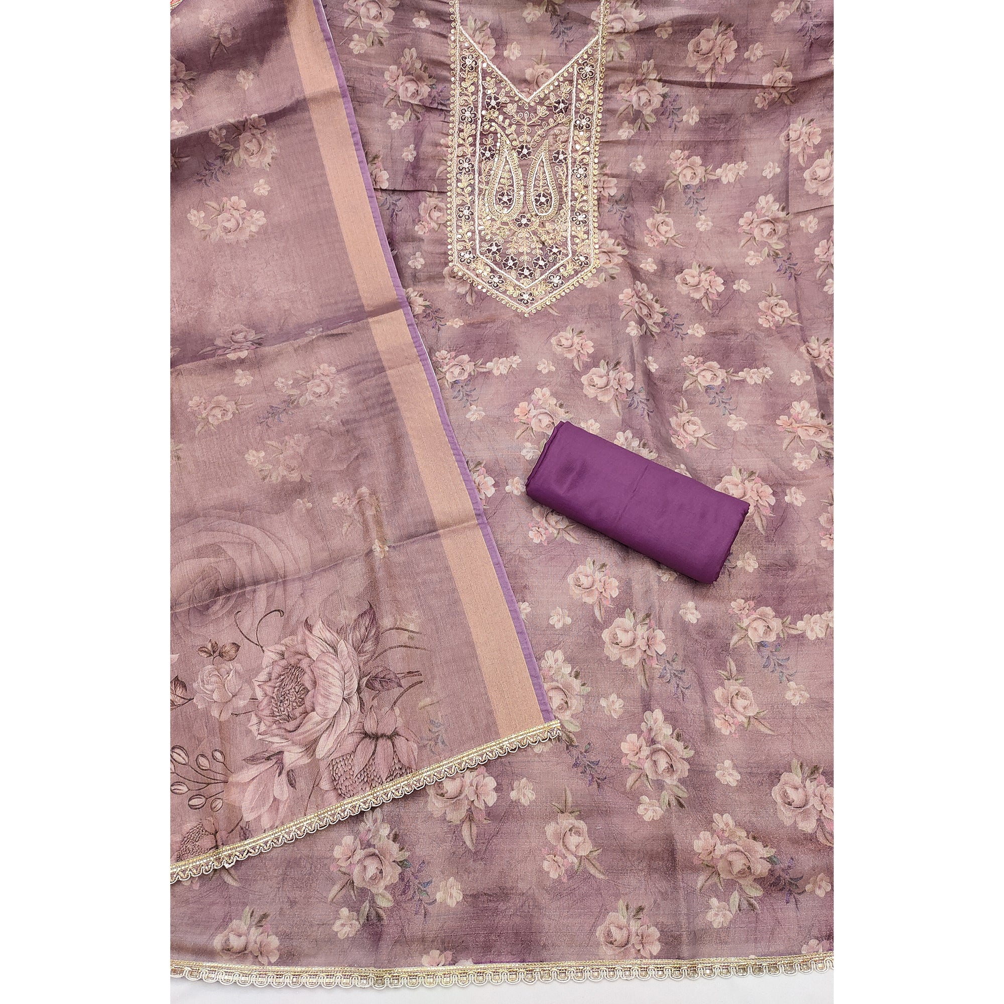 Classic Purple Floral Digital Printed Viscose Dress Material With Sequins Embroidery & Moti Handwork