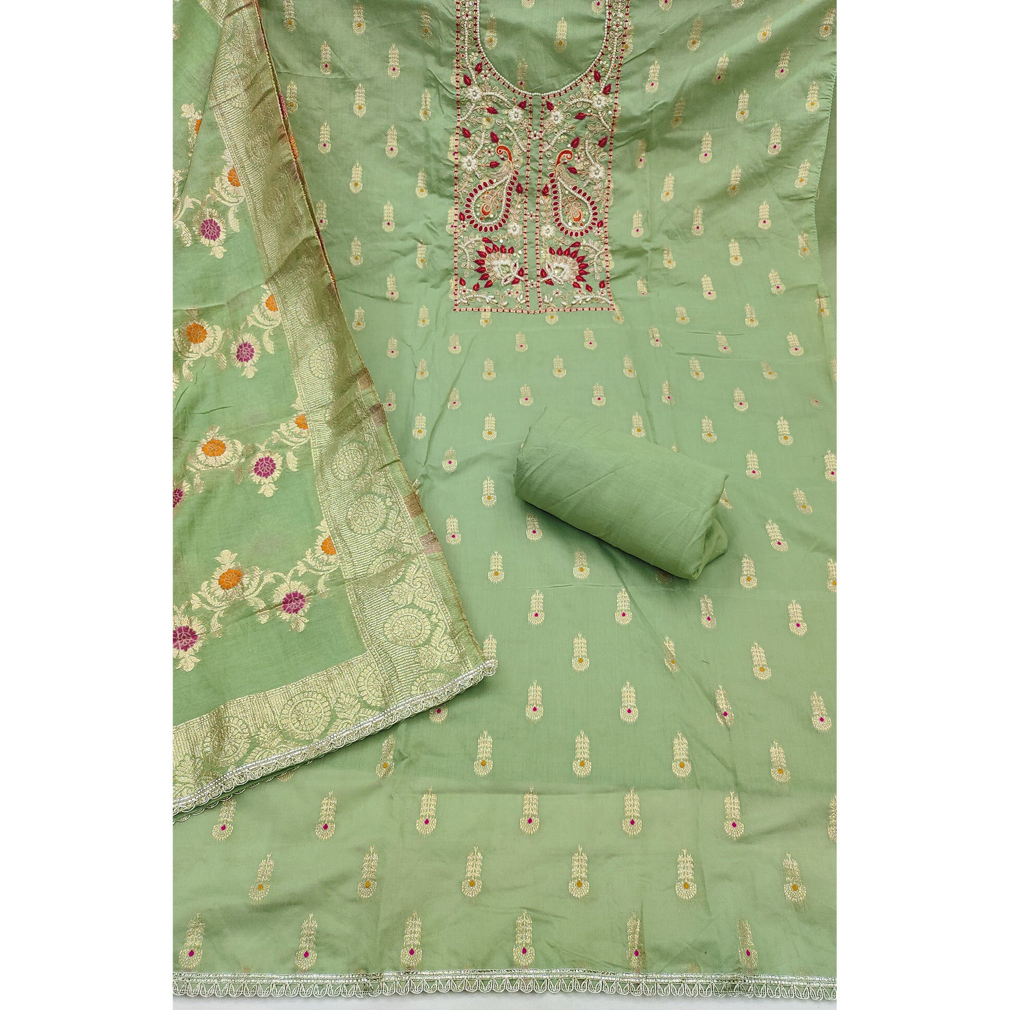 Timeless Mint Green Floral Weaving Muslin Dress Material With Elegant Sequins Embroidery & Moti Work