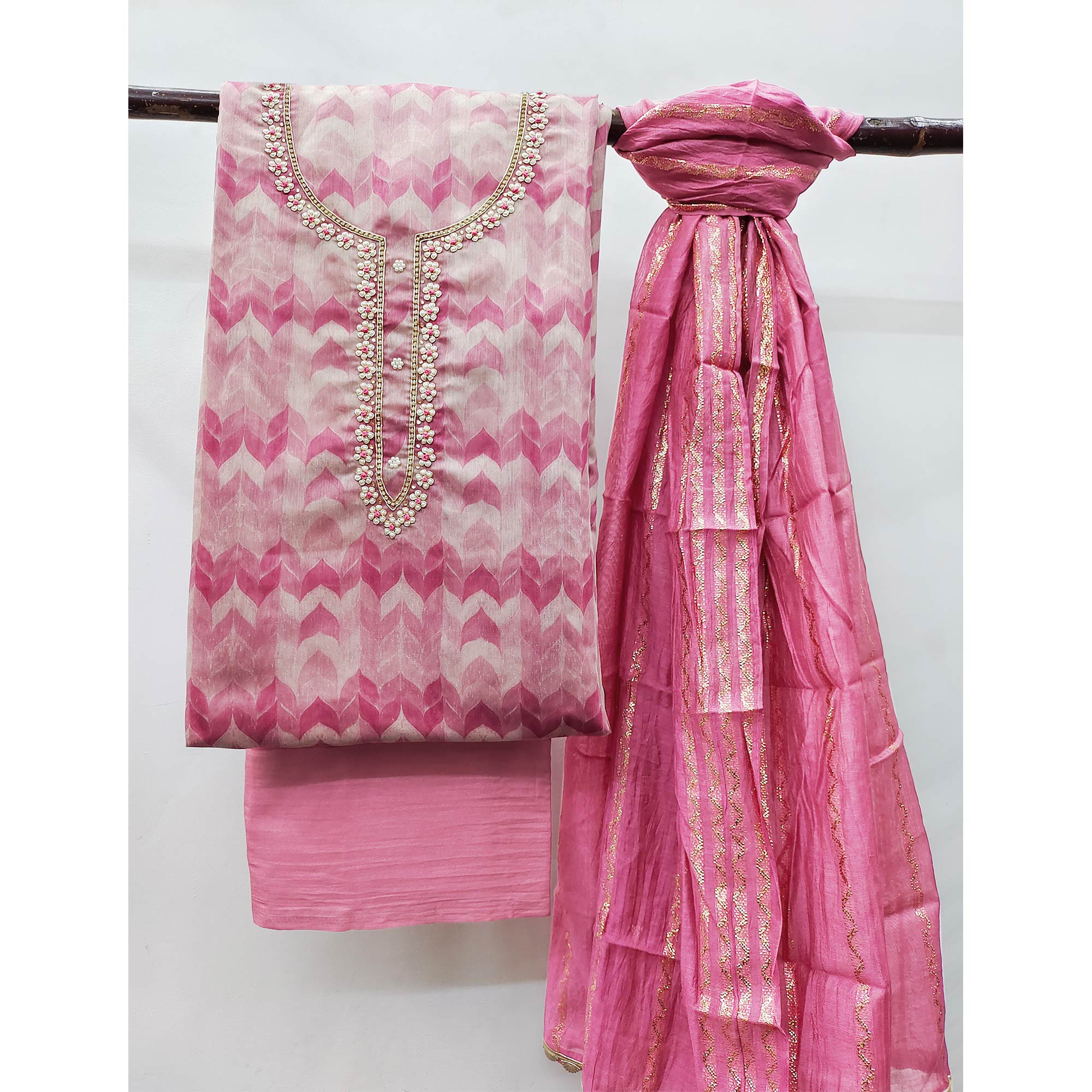 Pink Printed With Handwork Chanderi Silk Dress Material