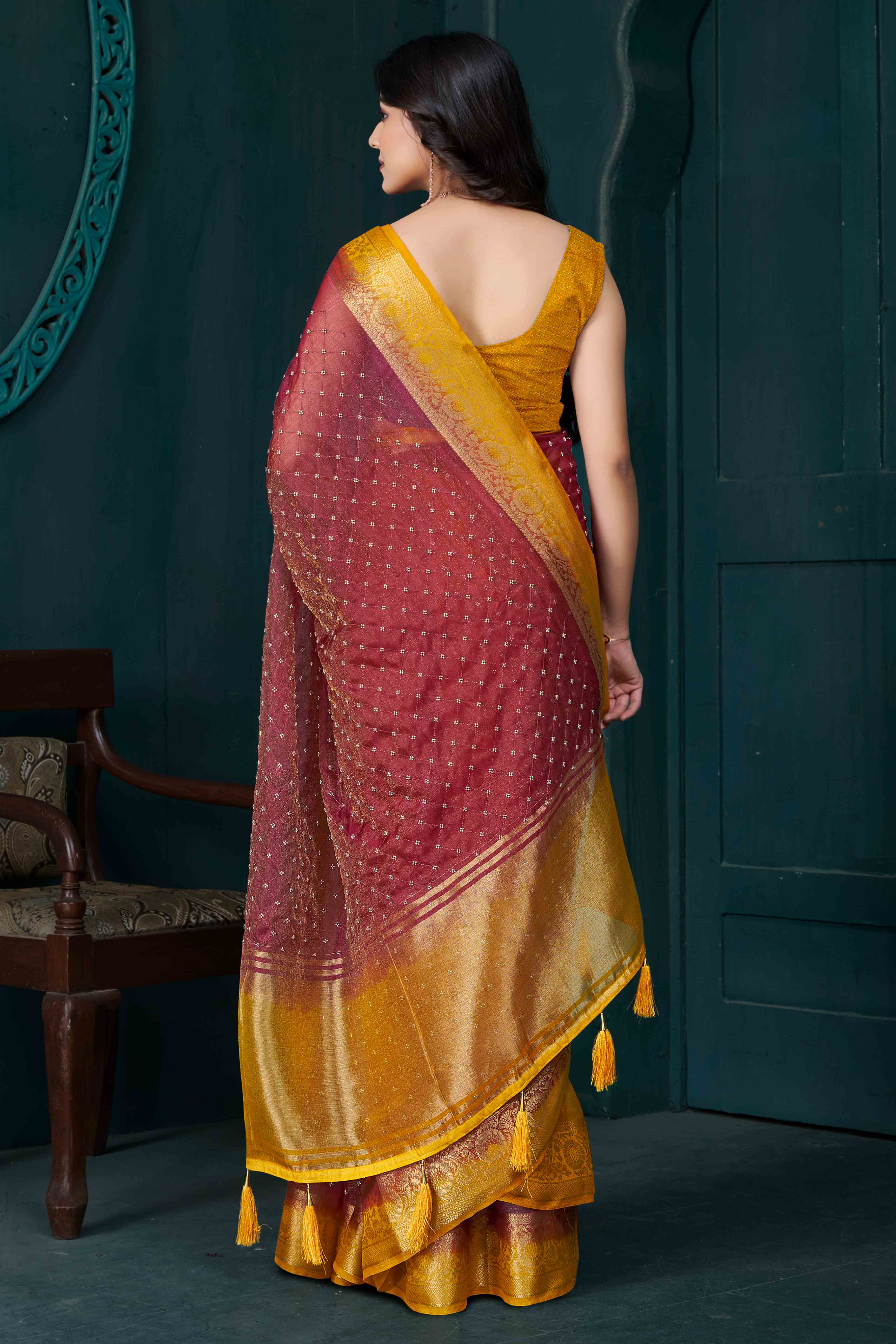 Maroon Jacquard Saree With Intricate Beads Handwork & Floral Weaving Border
