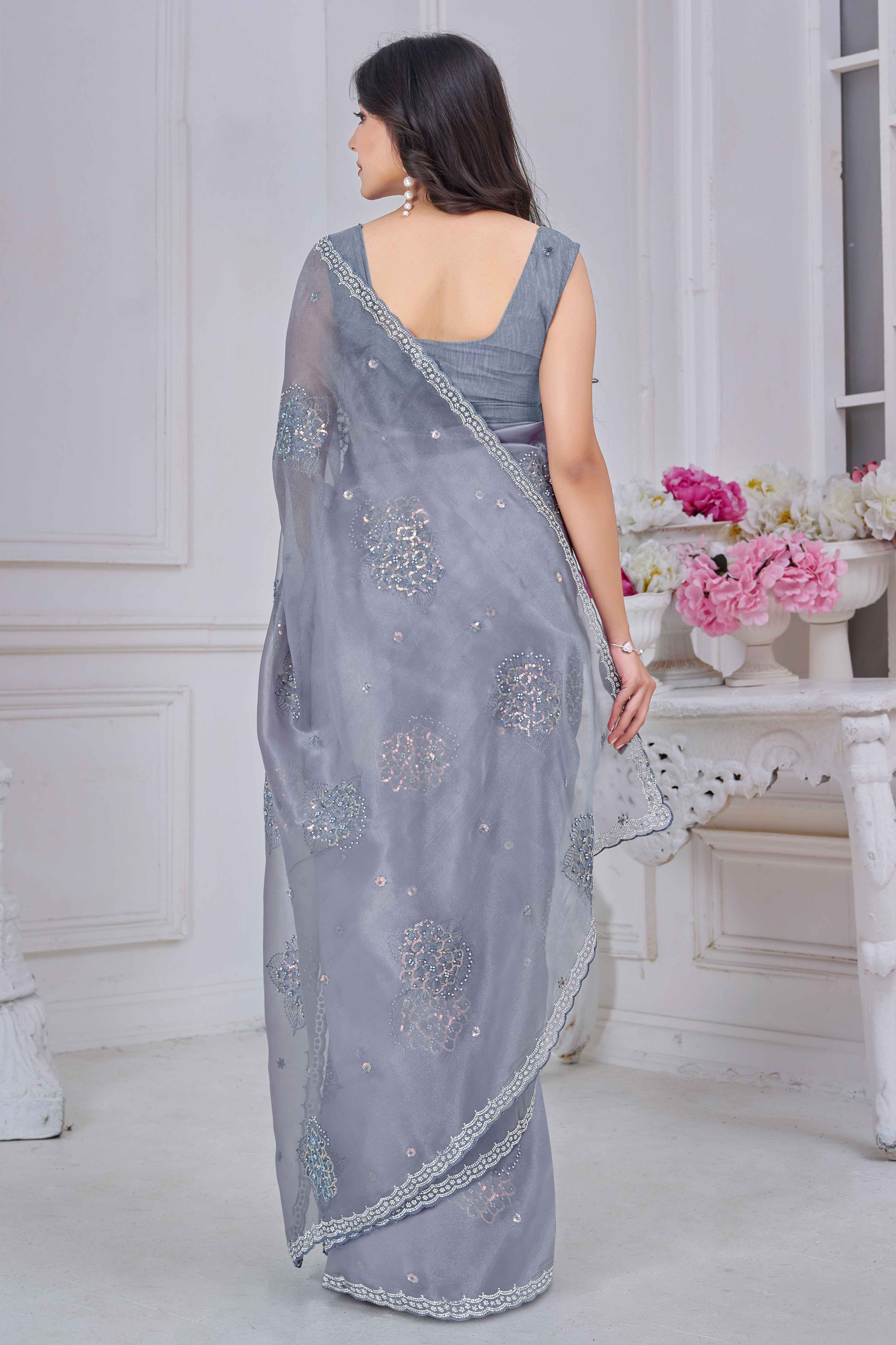Greyish Blue Sequins & Moti Work Organza Saree With Elegant Zarkan Border Detailing