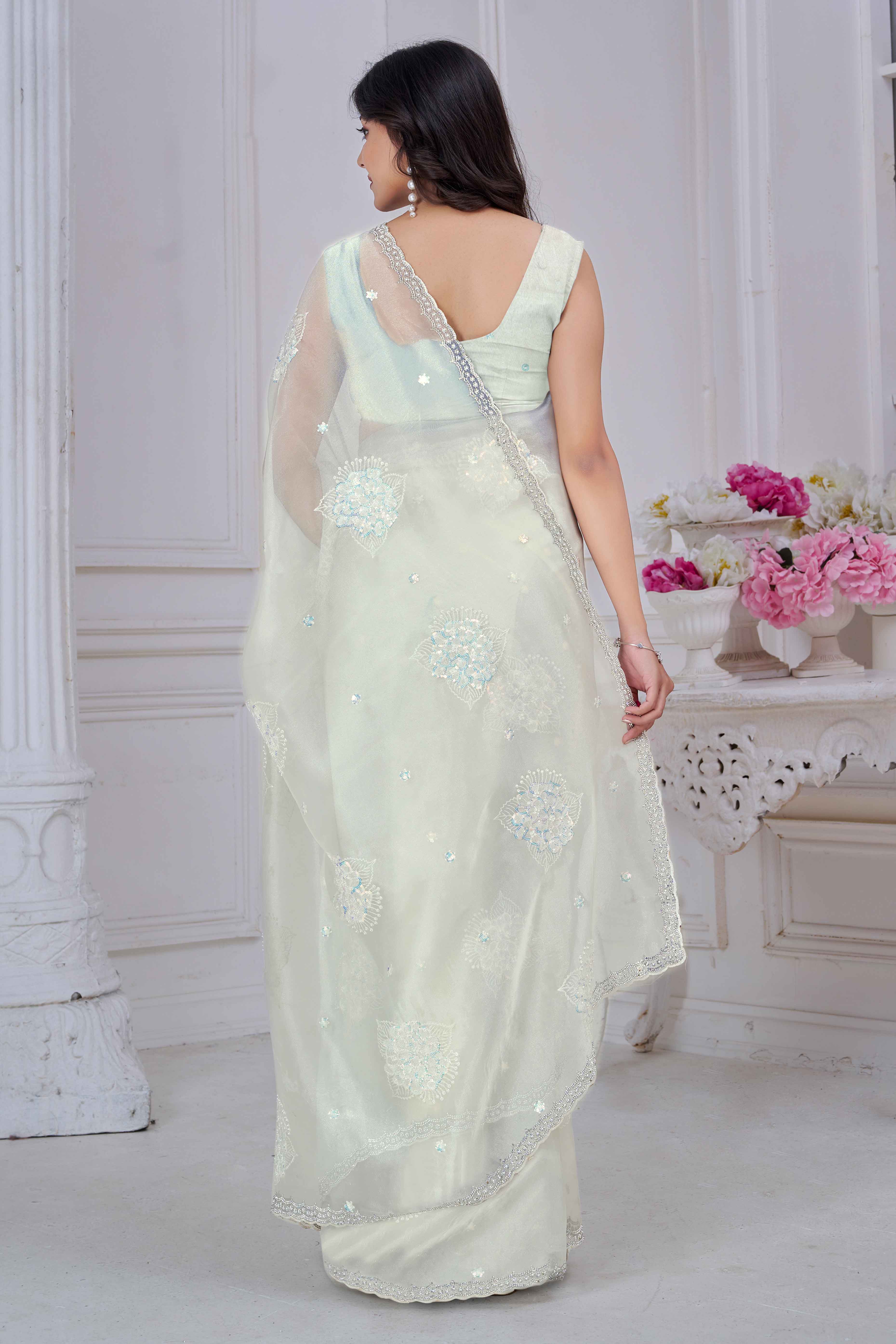 Offwhite Sequins & Moti Work Organza Saree With Elegant Zarkan Border Detailing