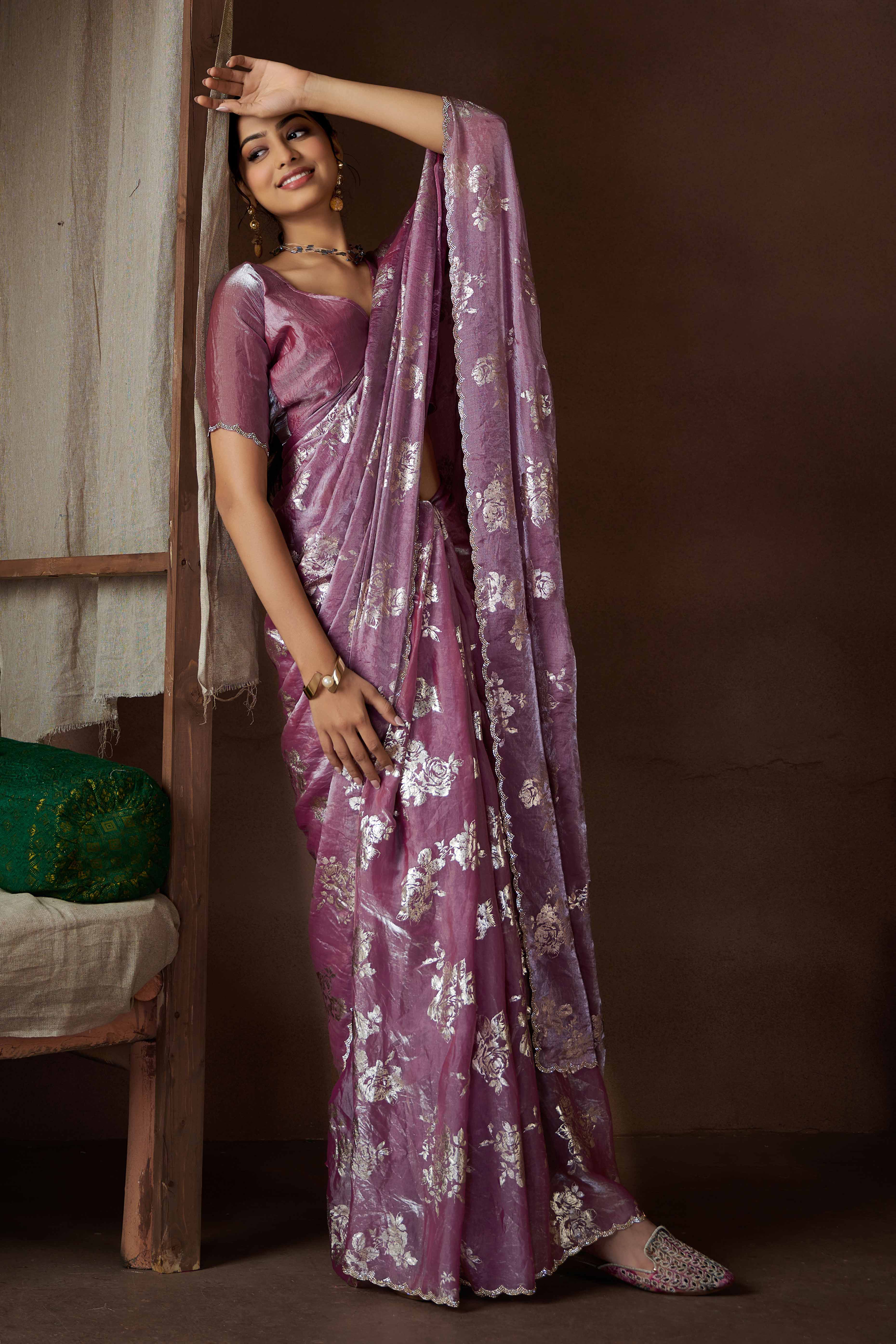 Wine Floral Foil Printed Satin Silk Saree With Zarkan Border