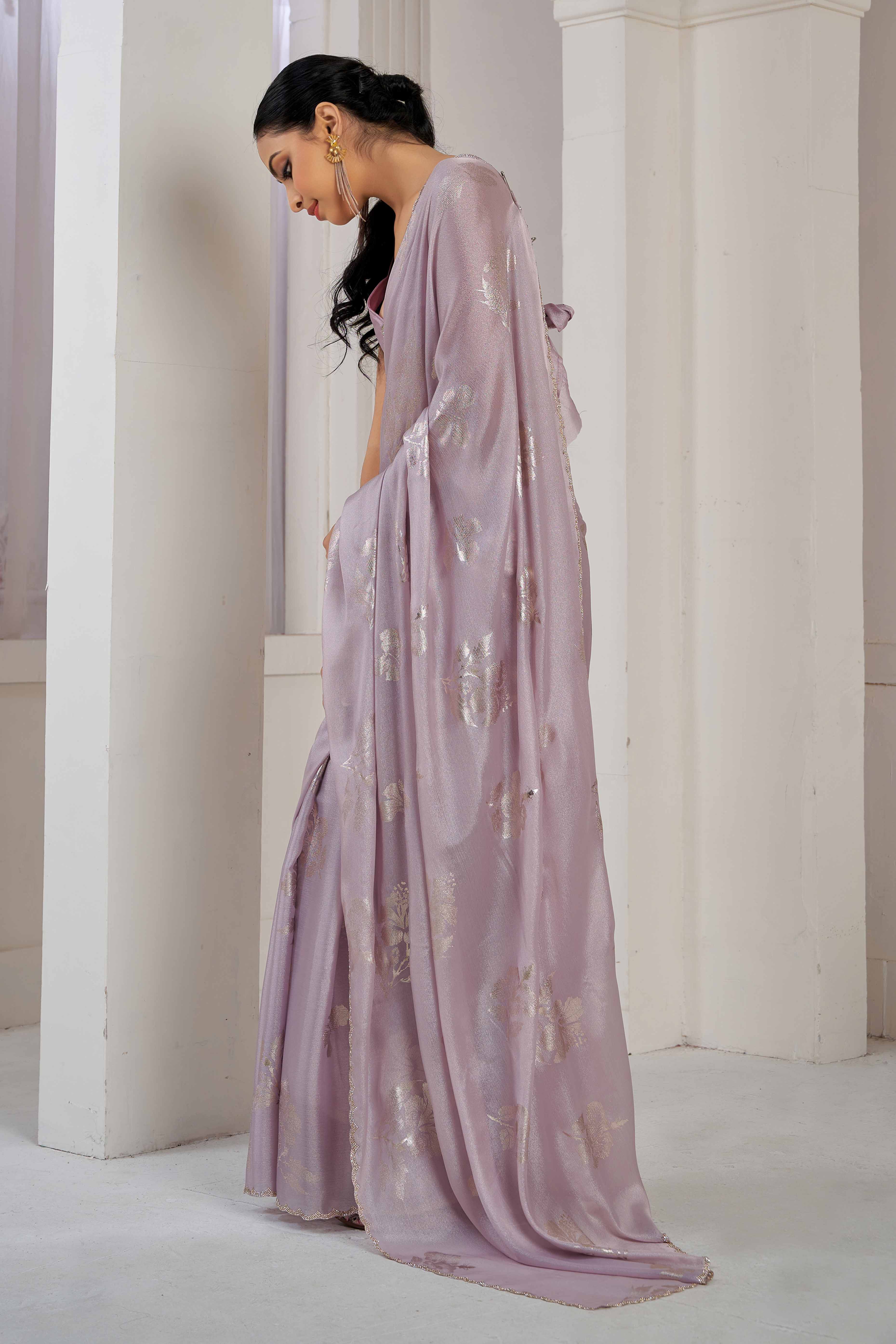 Lavender Floral Printed Stone Work Satin Saree