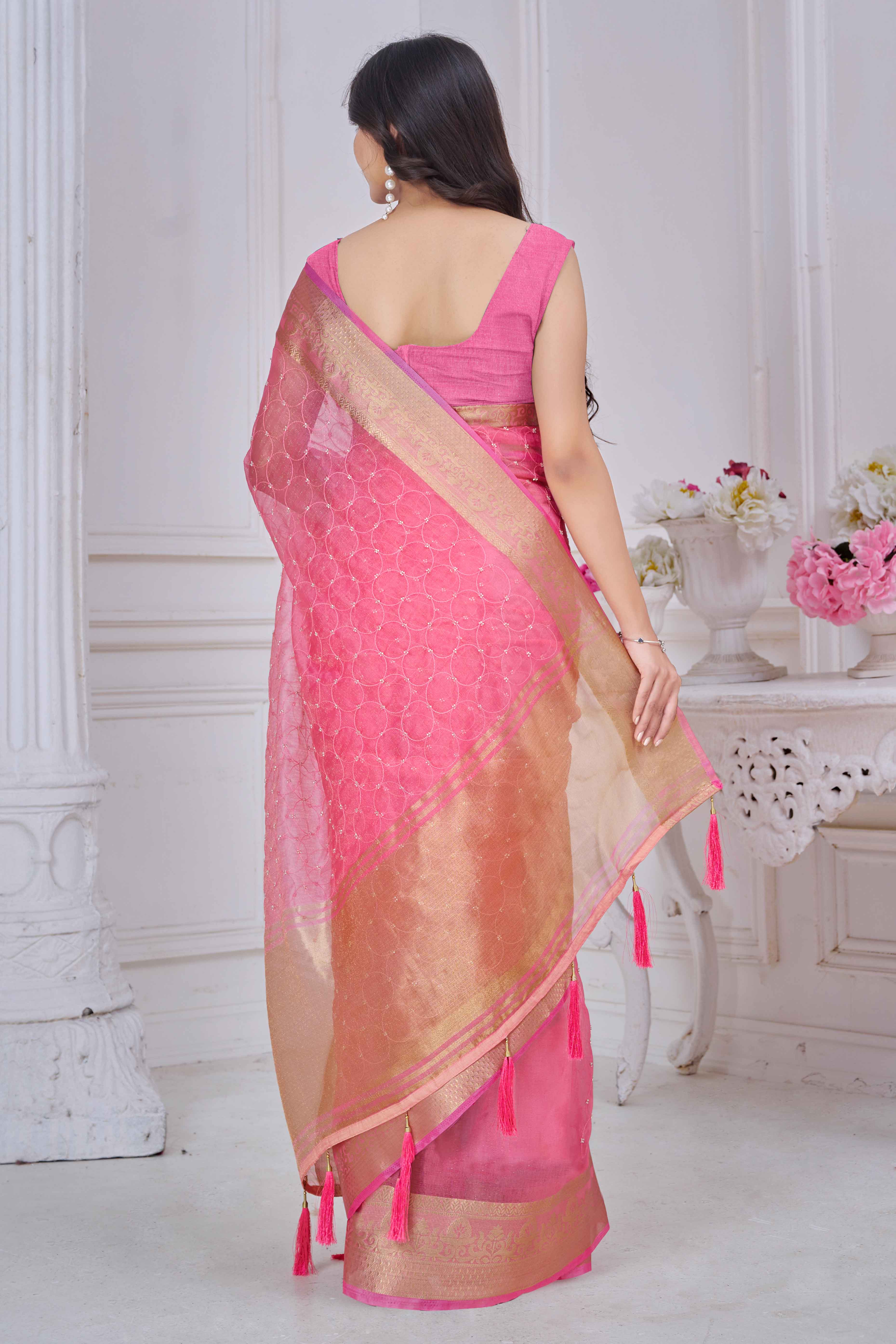 Pink Pure Jacquard Saree Weaving with Delicate Beads and Embroidery