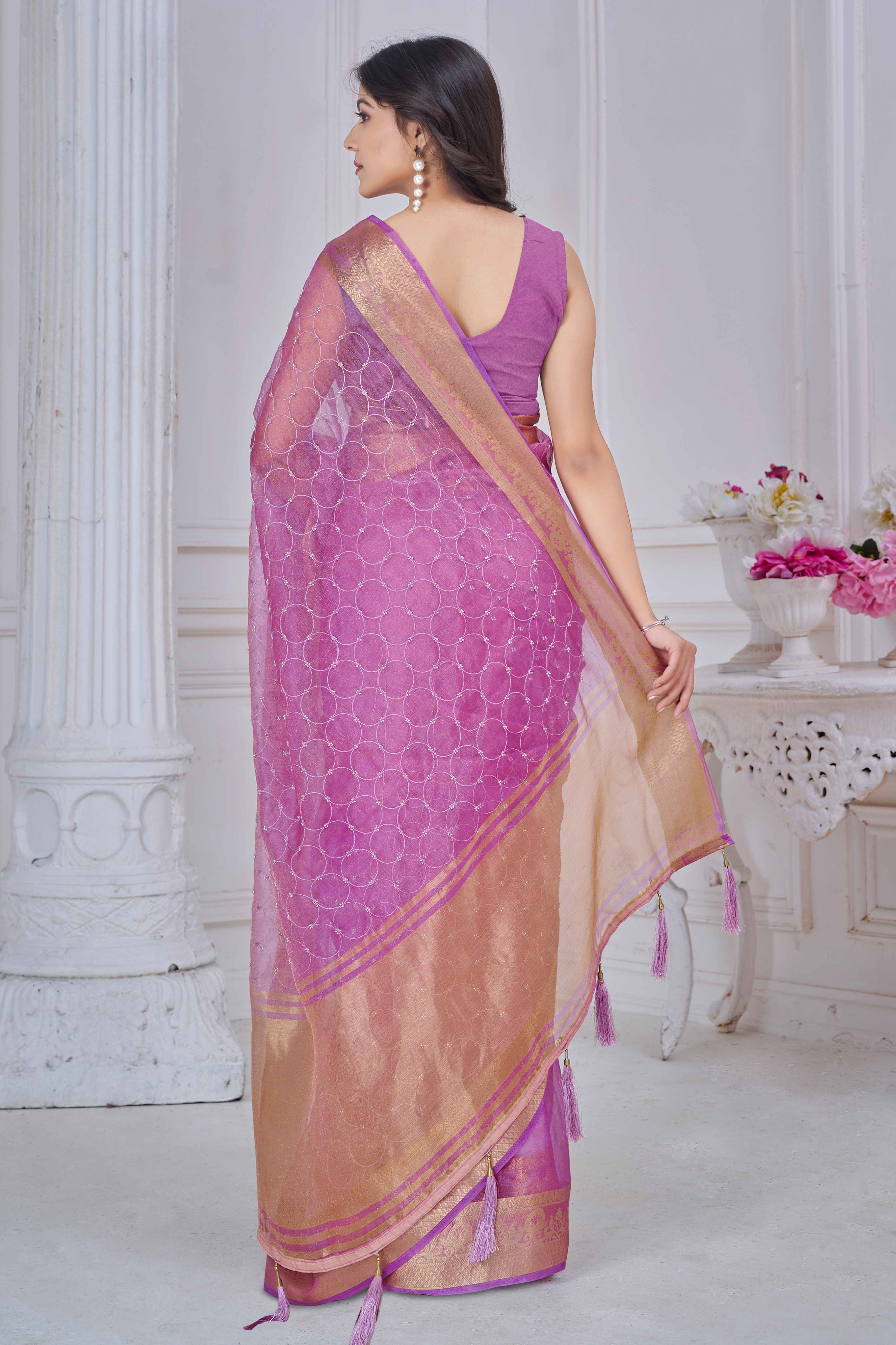 Purple Pure Jacquard Saree Weaving with Delicate Beads and Embroidery