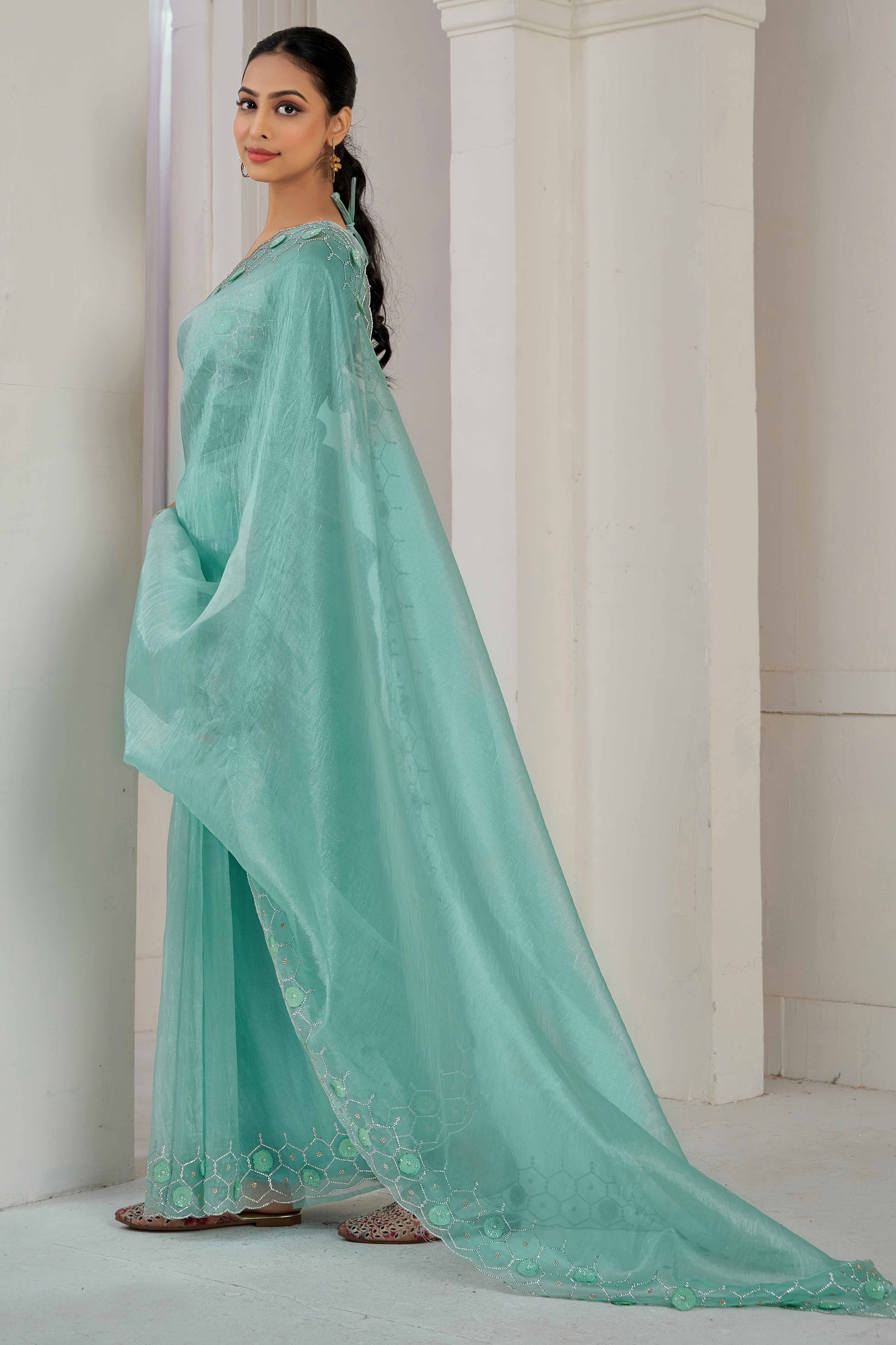 Turquoise Stone Work Soft Organza Saree