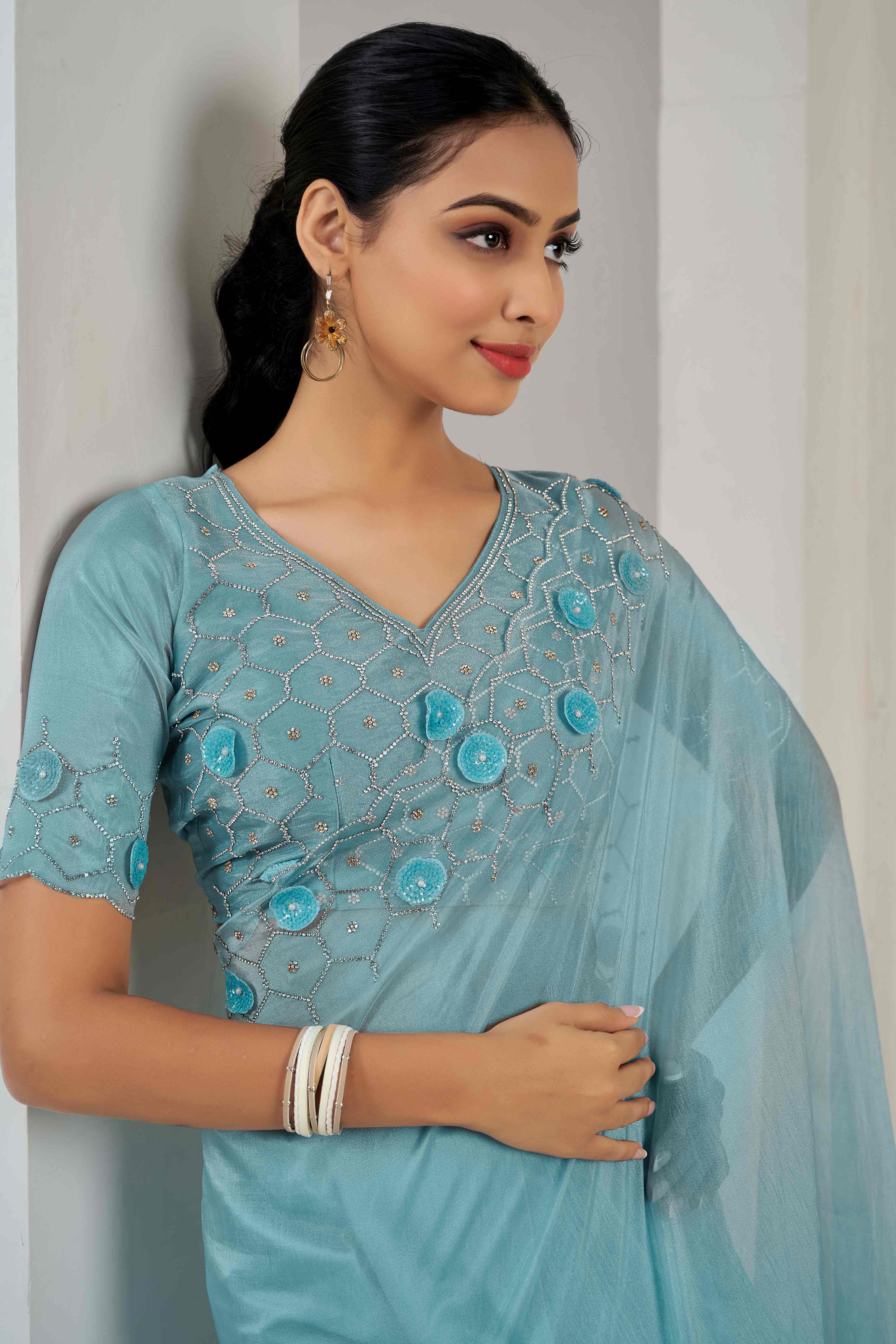 Sky Blue Stone Work Soft Organza Saree