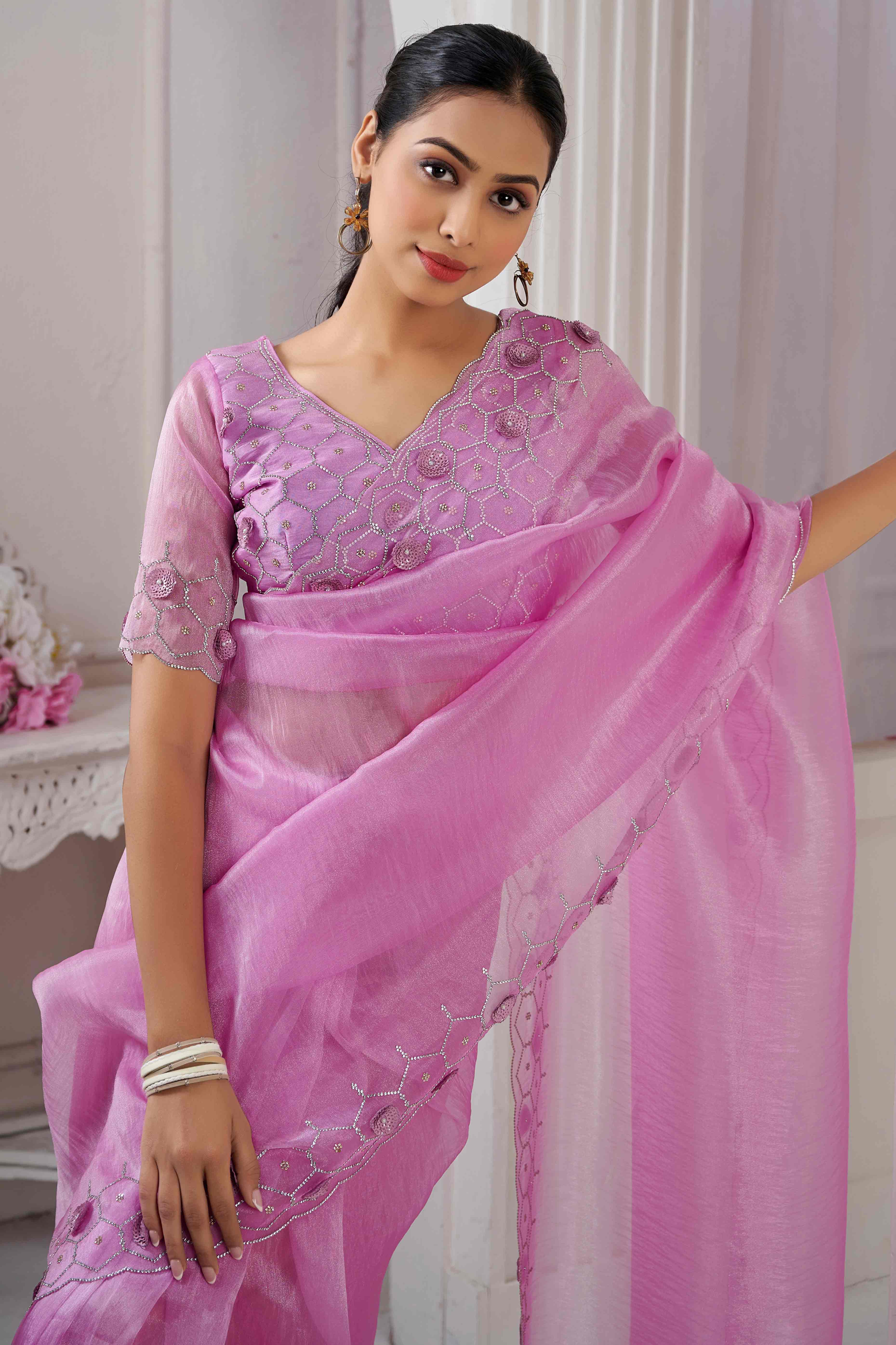 Pink Stone Work Soft Organza Saree