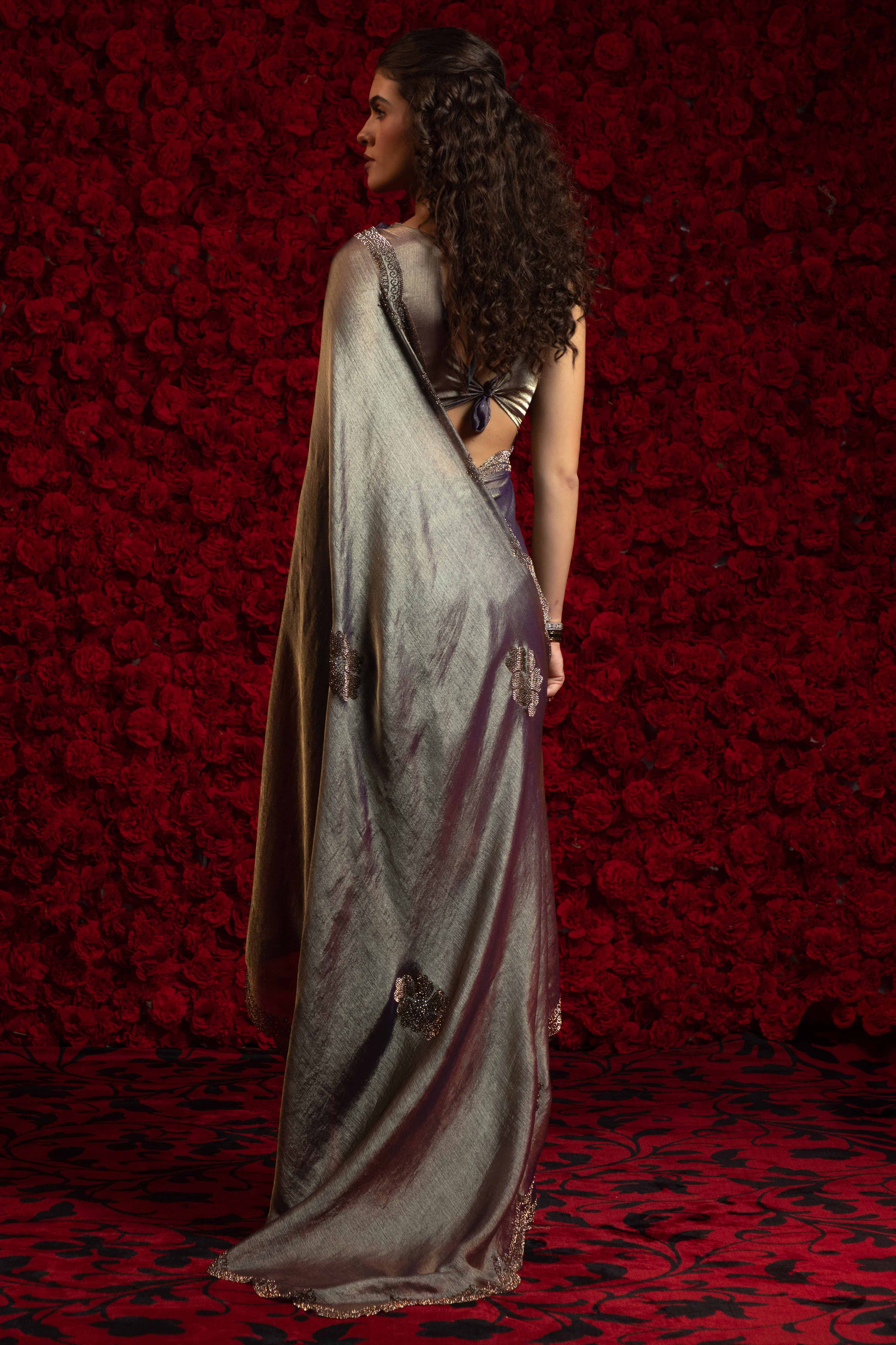 Charcoal Grey Stone Work Embellished Satin Chiffon Partywear Saree