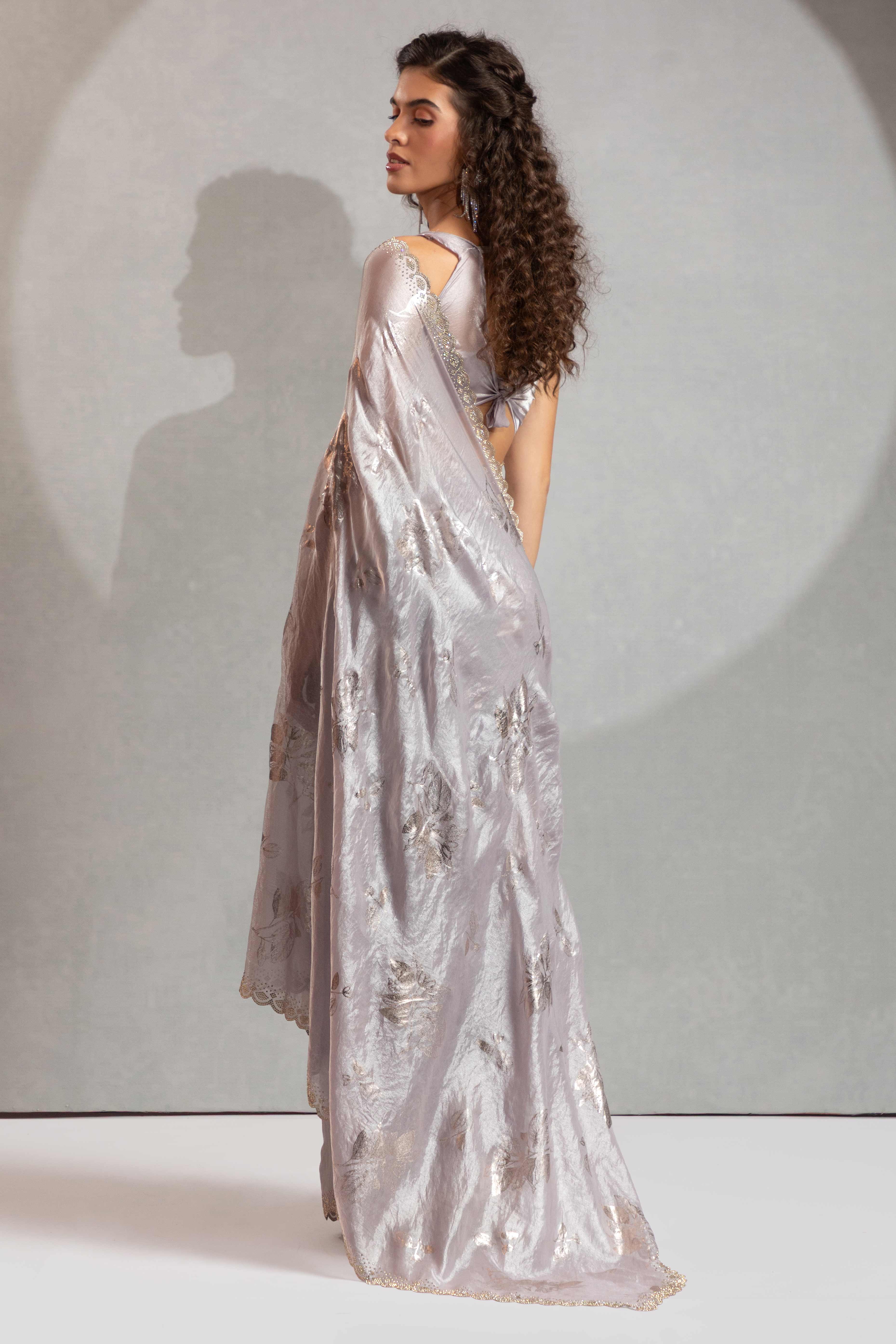 Designer Grey Satin Silk Saree Adorned with Foil & Stone Embellishments