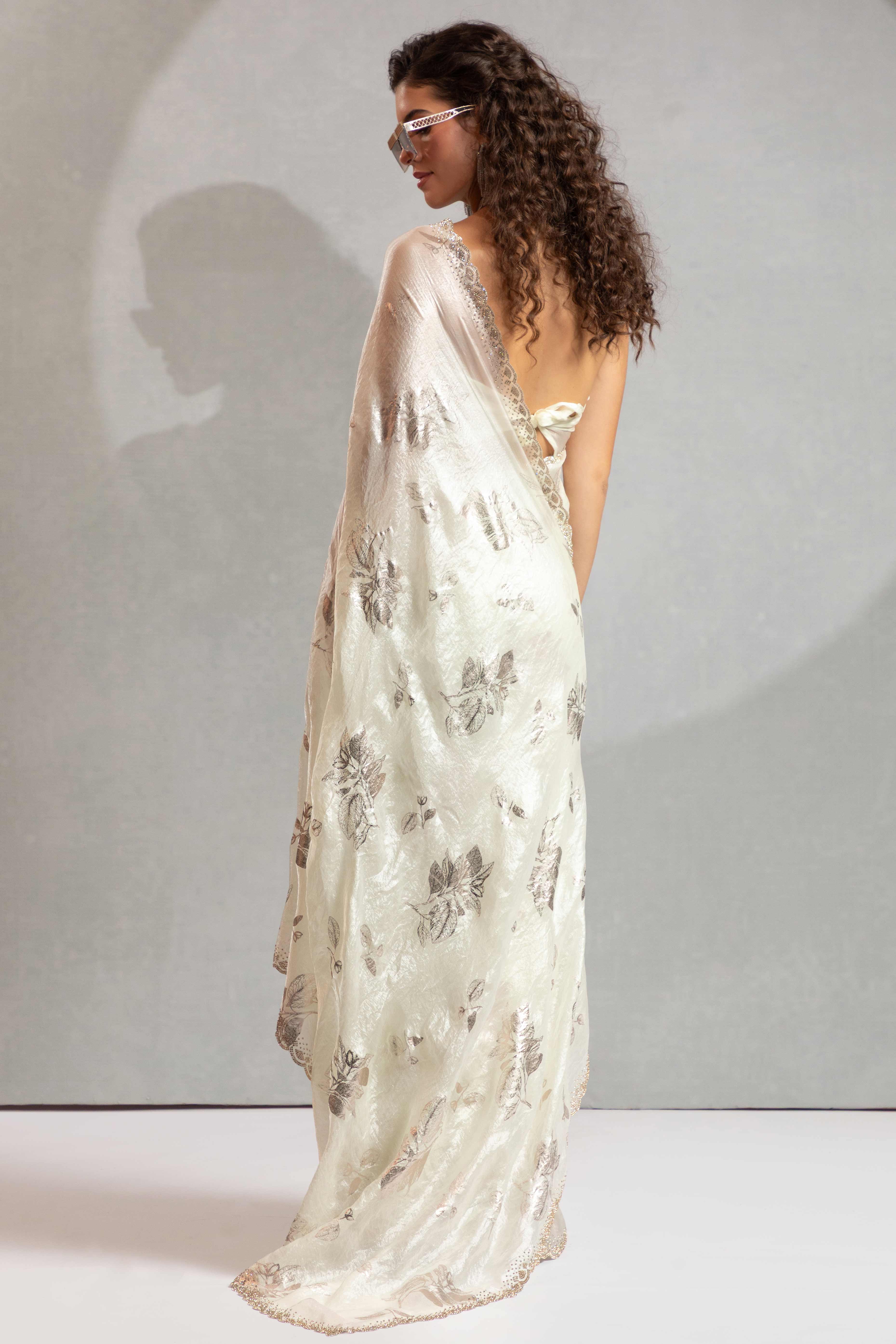 Designer Off White Satin Silk Saree Adorned with Foil & Stone Embellishments