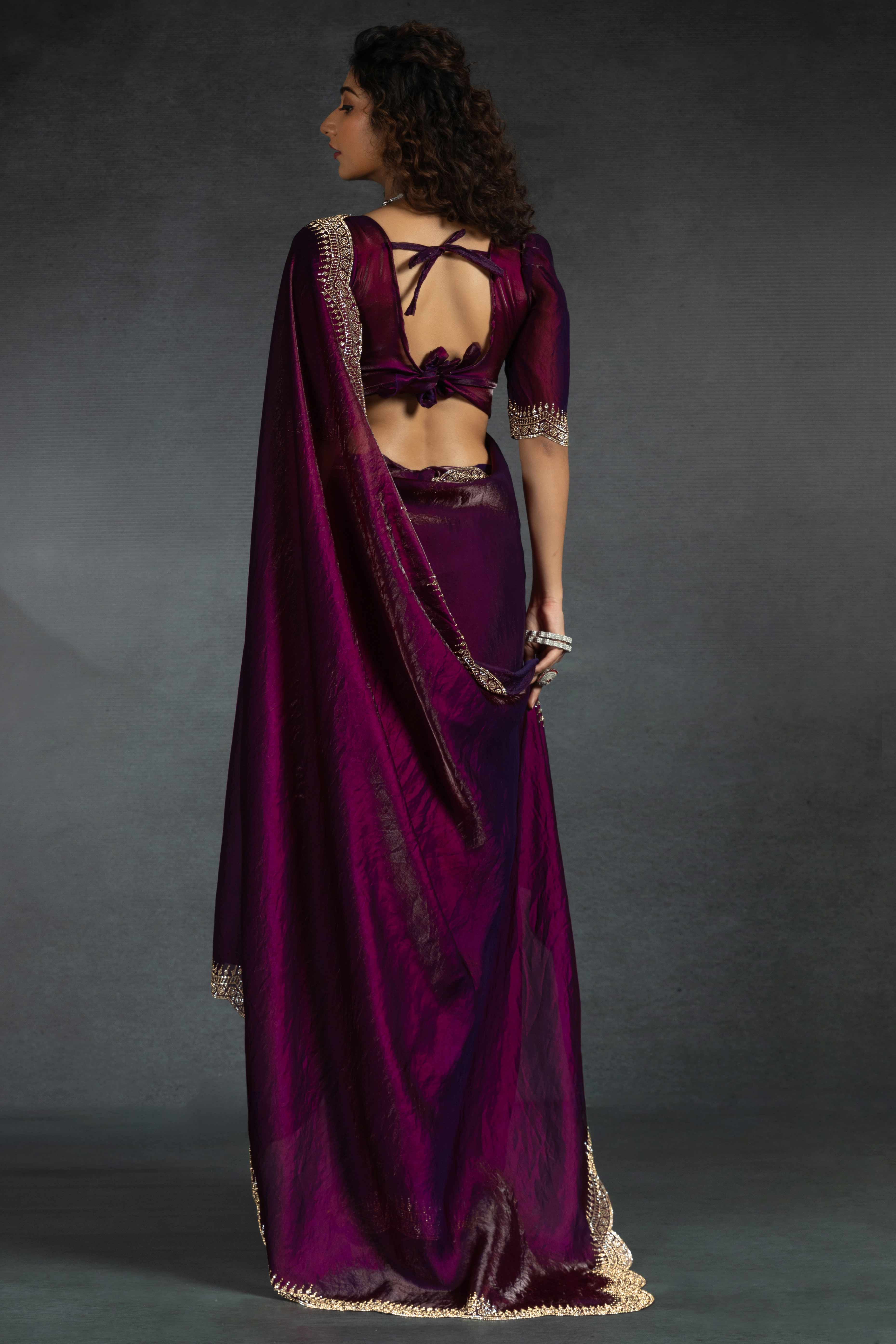 Magenta Satin Saree Embellished with Stones for a Party Look
