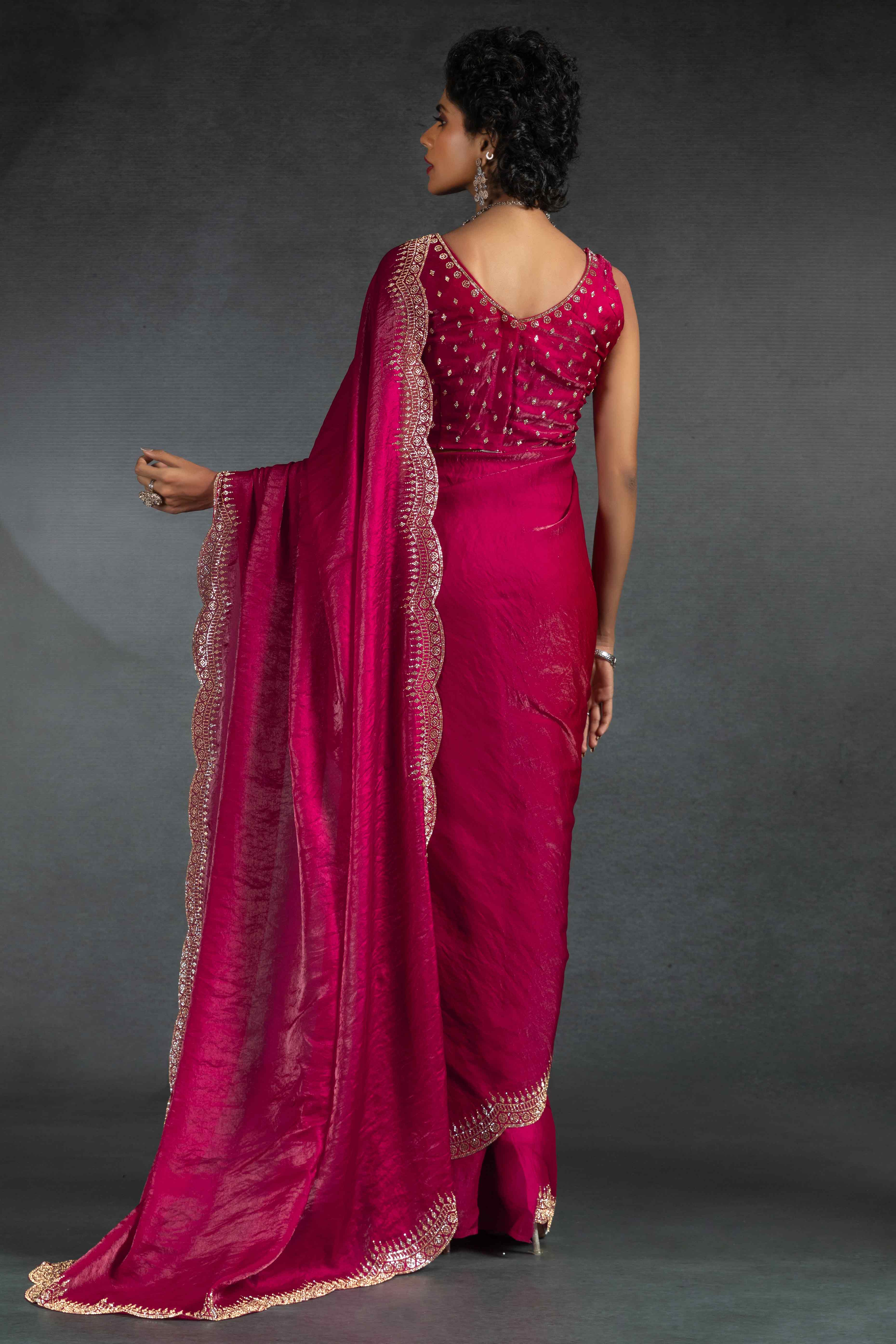 Pink Satin Saree Embellished with Stones for a Party Look