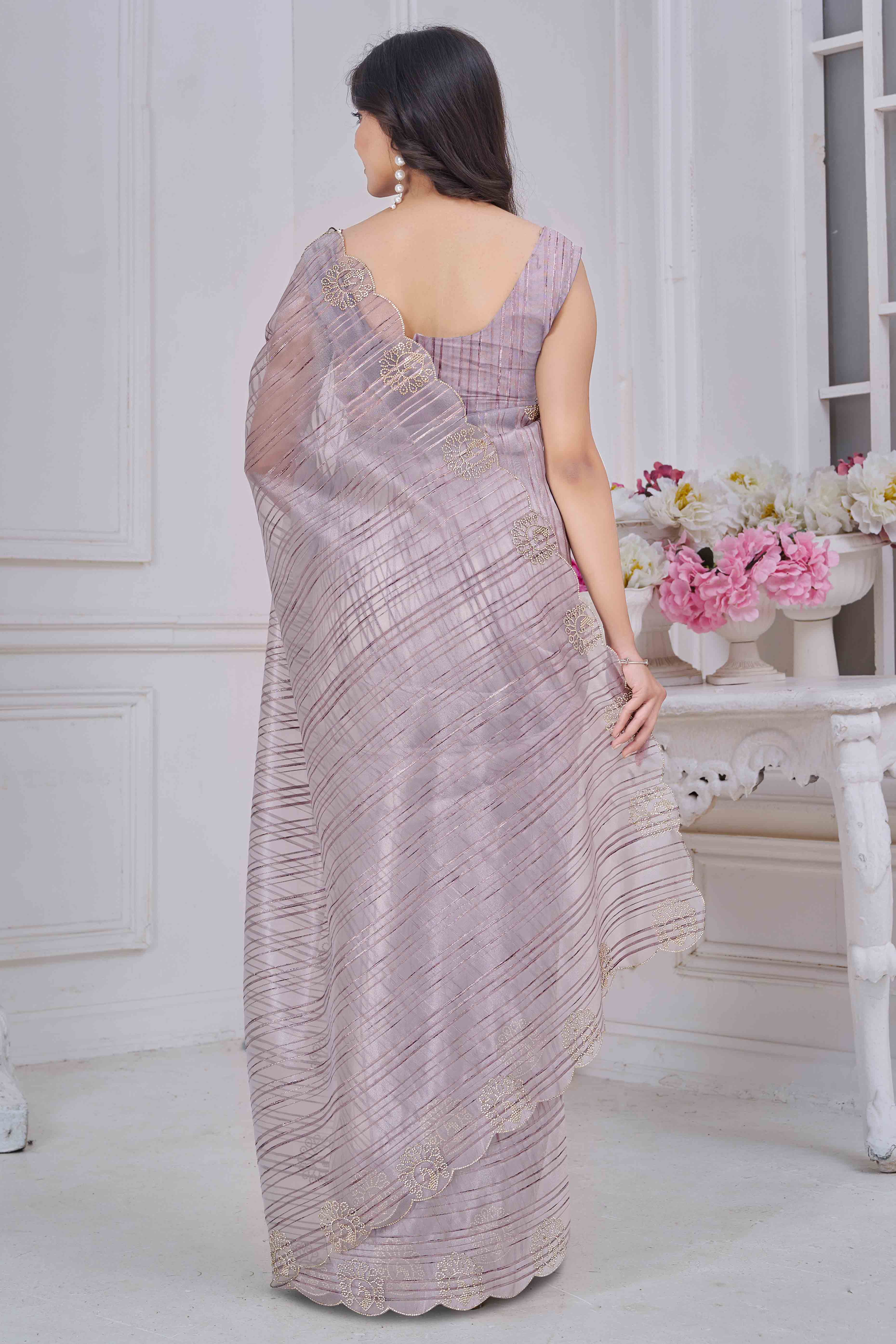 Lilac Grey Cotton Blend Saree with Modern Stripes and Delicate Stone Embroidery
