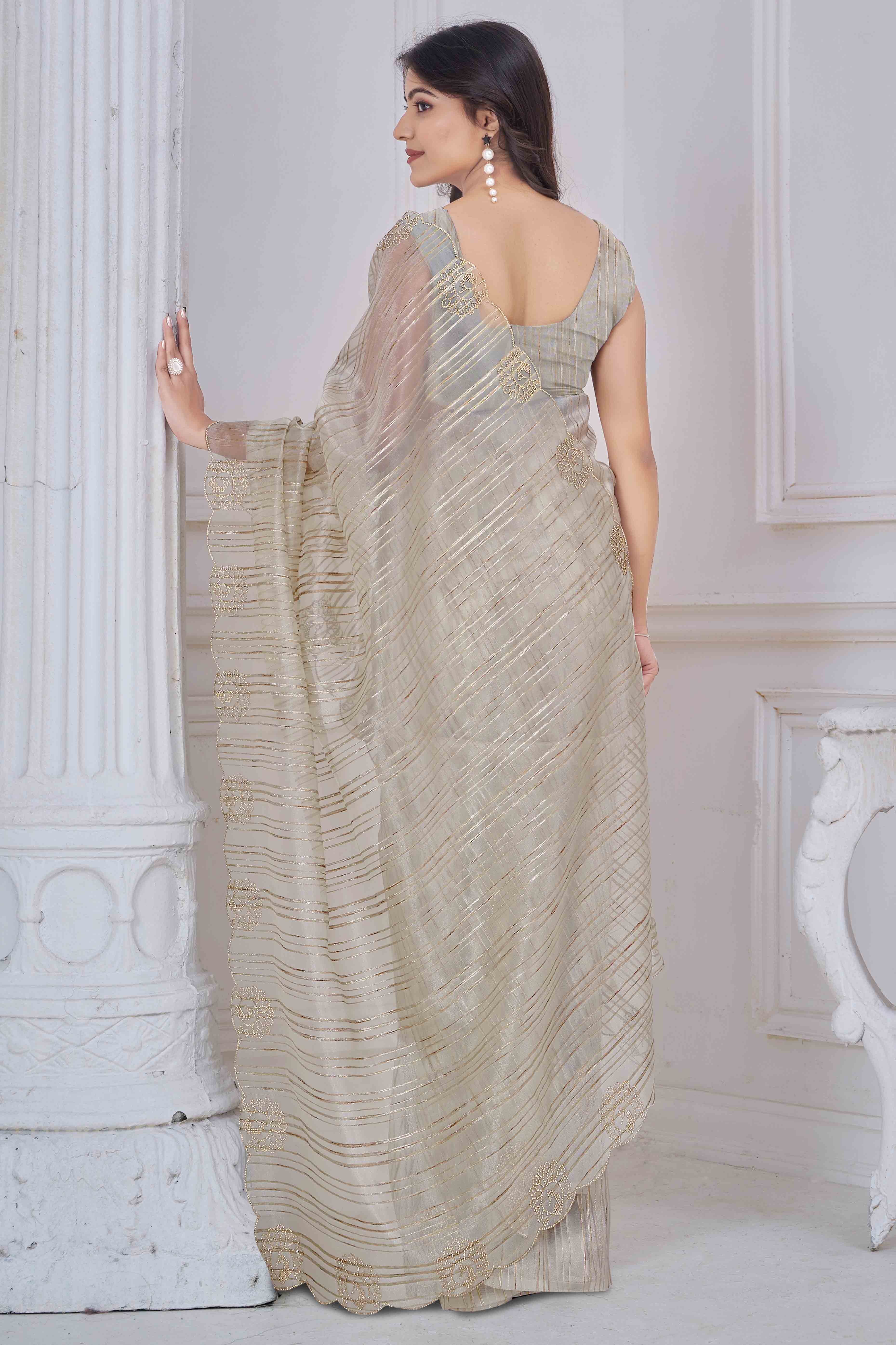 Light Beige Cotton Blend Saree with Modern Stripes and Delicate Stone Embroidery