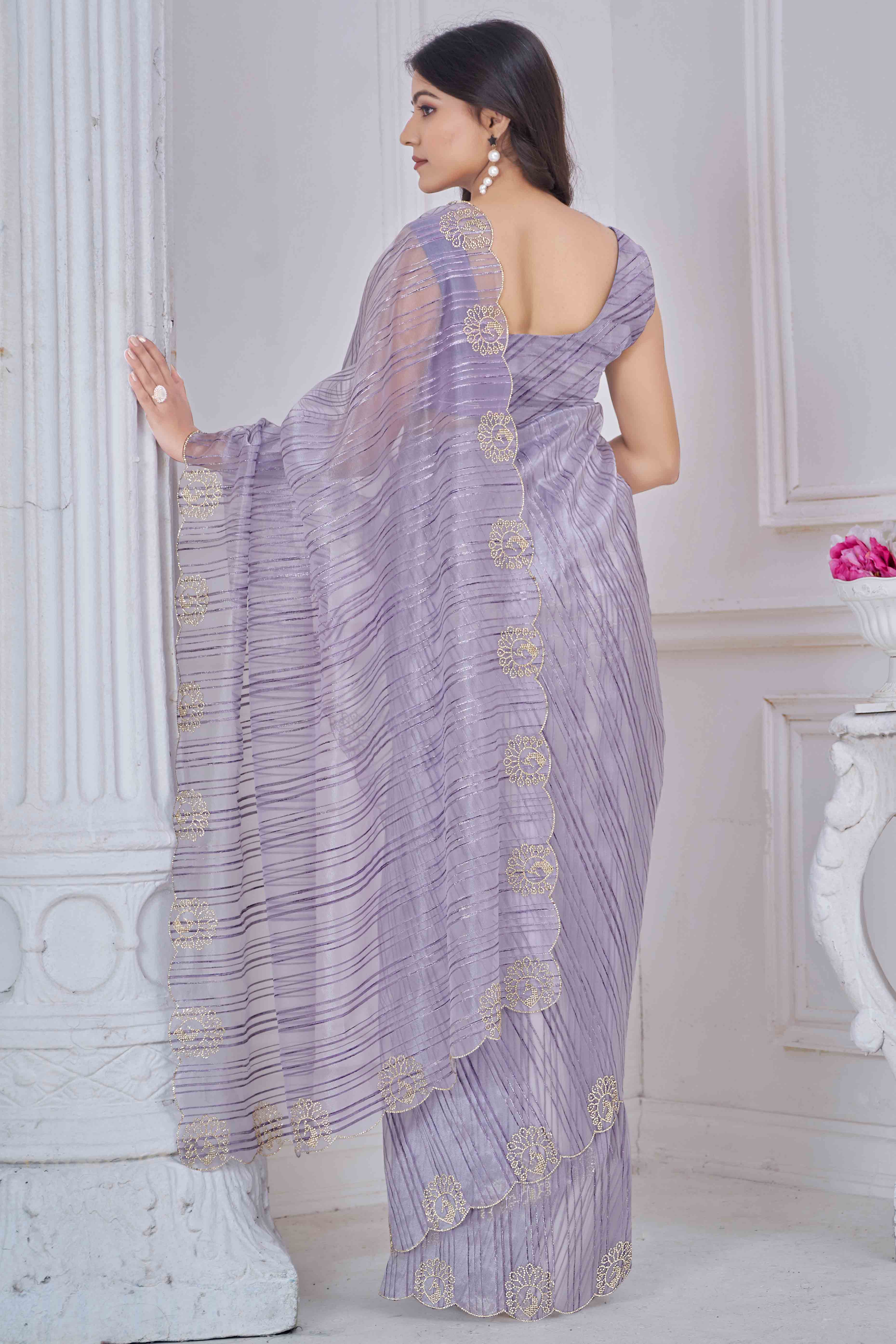 Lavender Cotton Blend Saree with Modern Stripes and Delicate Stone Embroidery