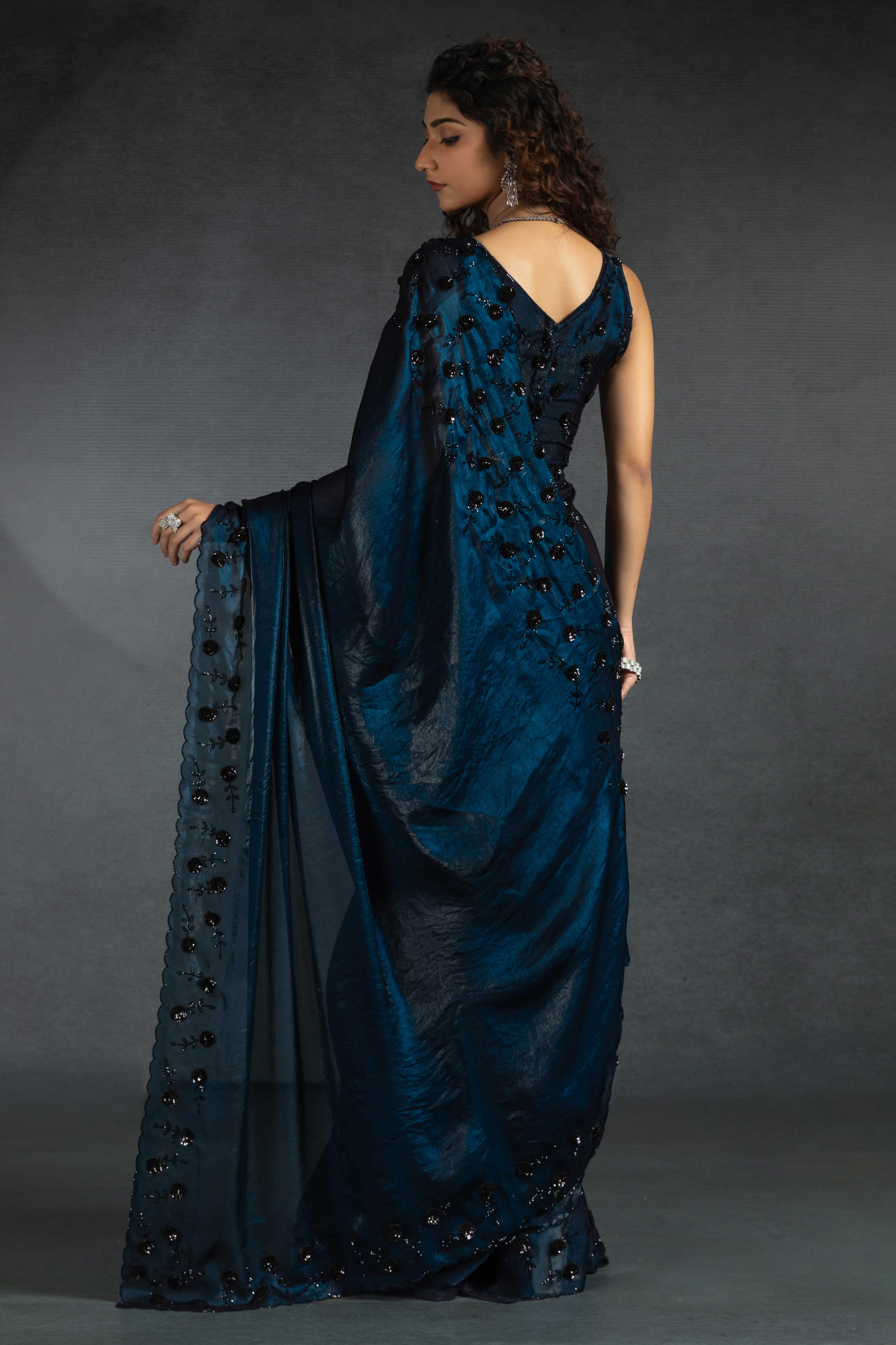 Dark Teal Satin Saree with Stone and Sequin Embellishment