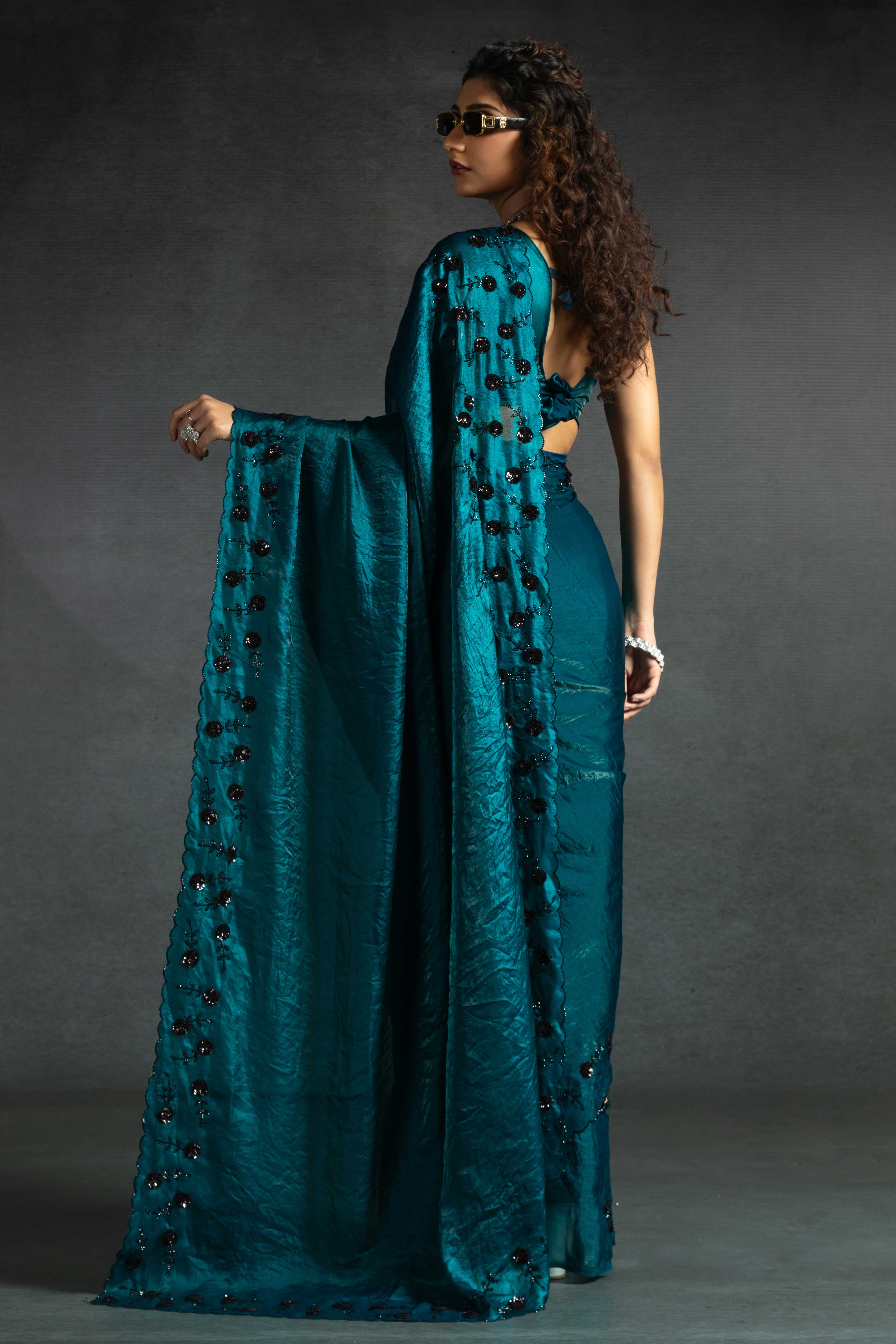 Teal Satin Saree with Stone and Sequin Embellishment