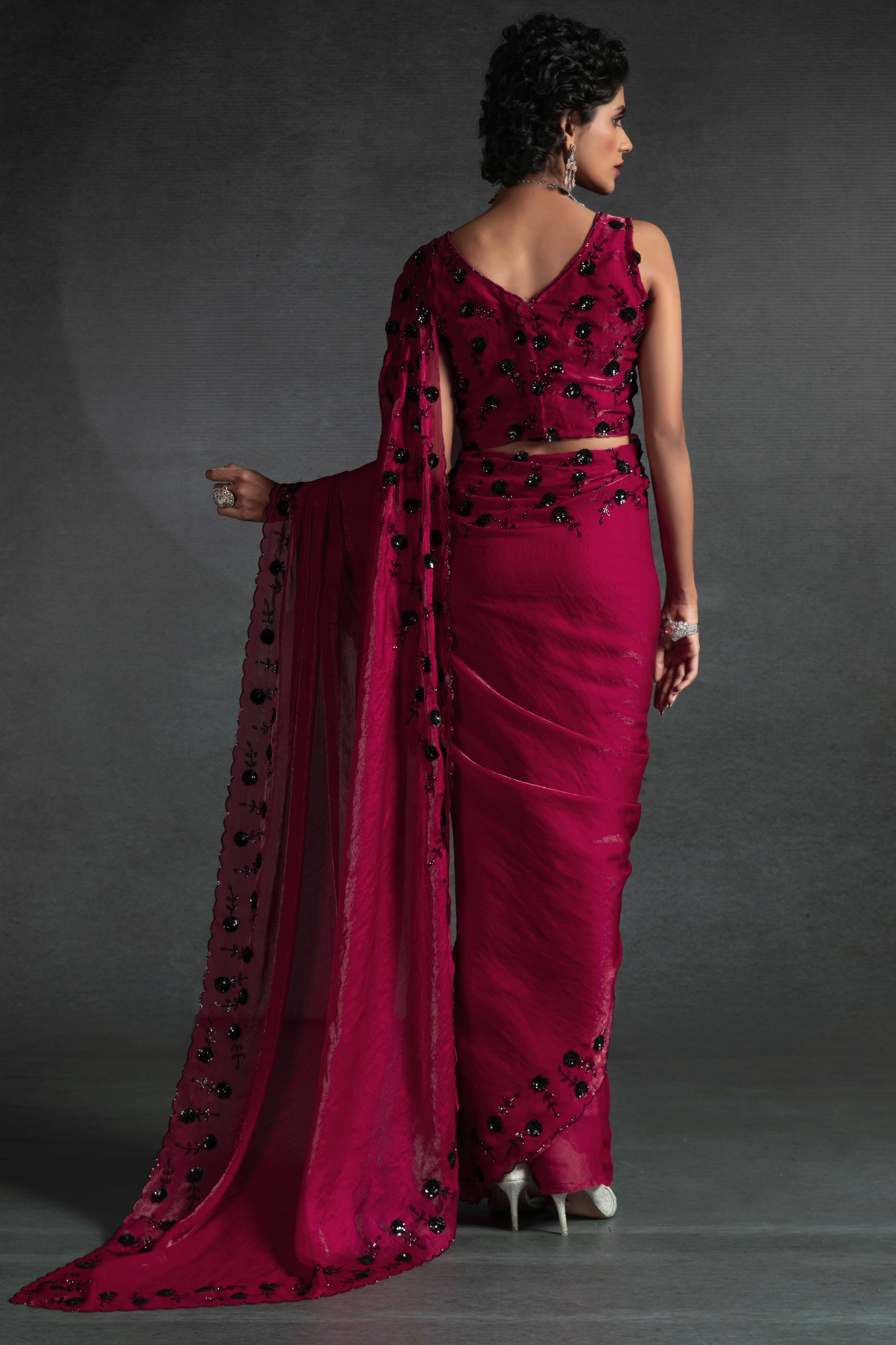 Ruby Pink Satin Saree with Stone and Sequin Embellishment