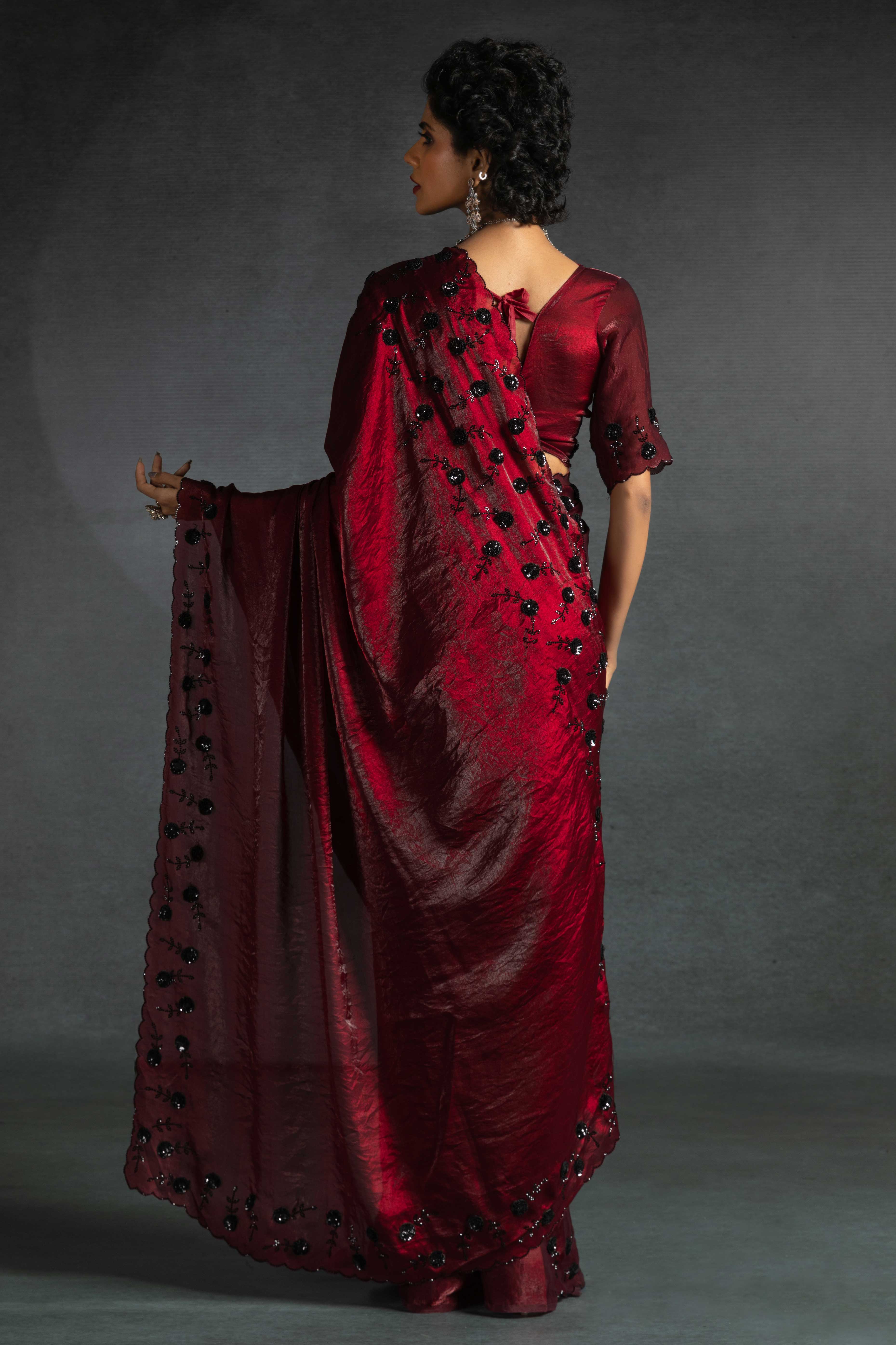 Maroon Satin Saree with Stone and Sequin Embellishment