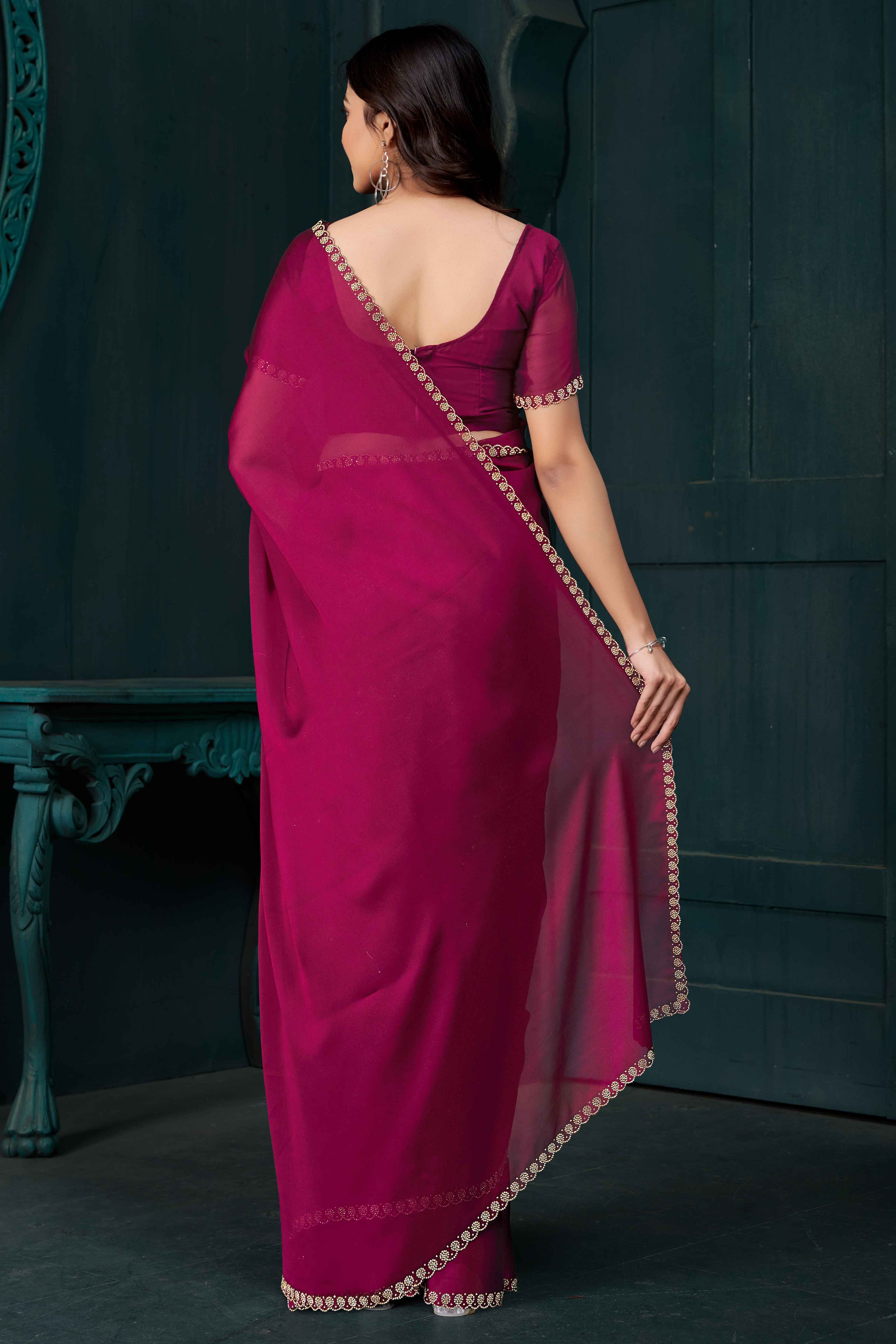 Magenta Crepe Silk Solid Saree With Elegant Zarkan Border Detailing