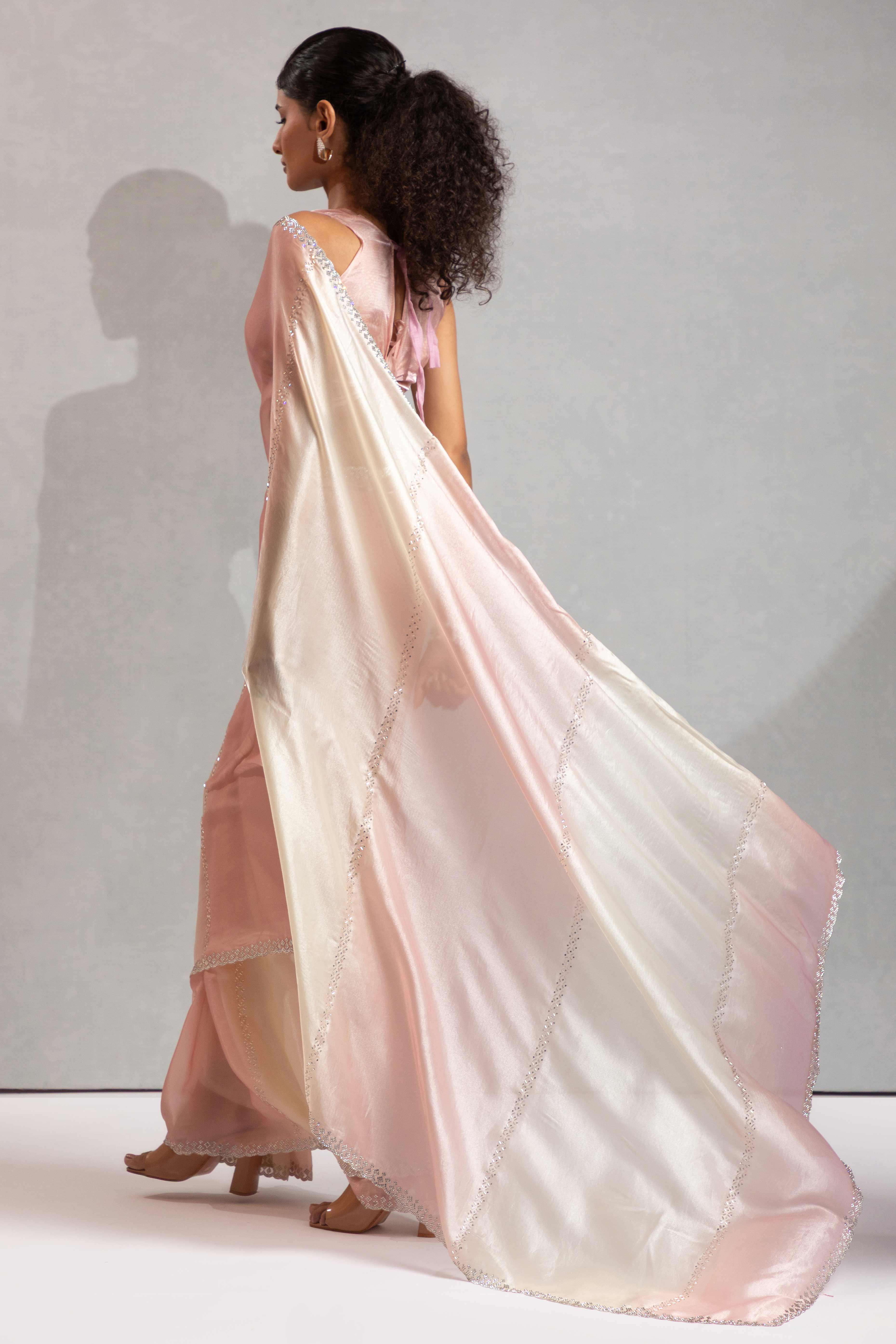 Light Coral & Off White Satin Silk Saree Decorated With Stone Embellishments