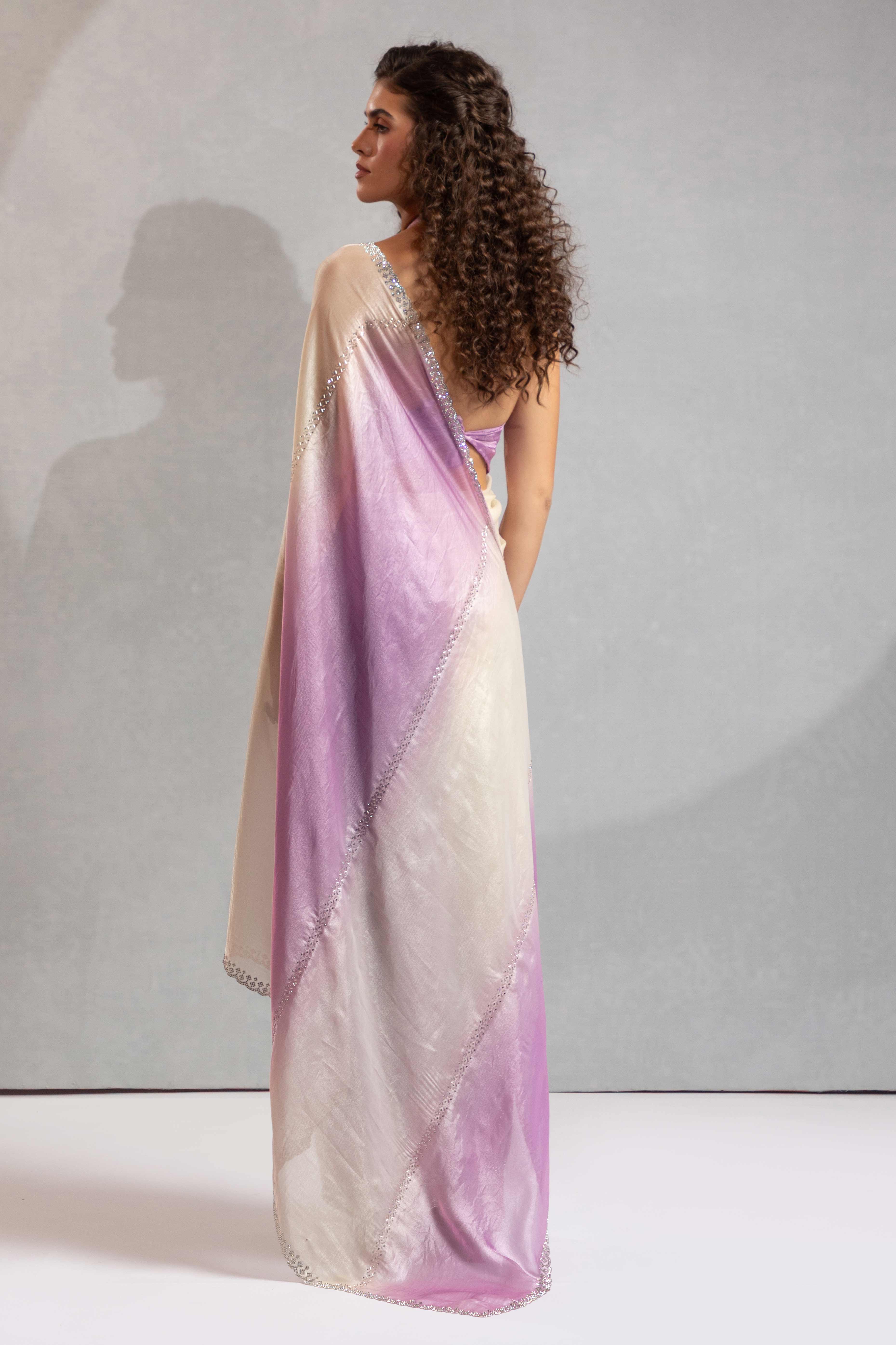 Purple & Off White Satin Silk Saree Decorated With Stone Embellishments