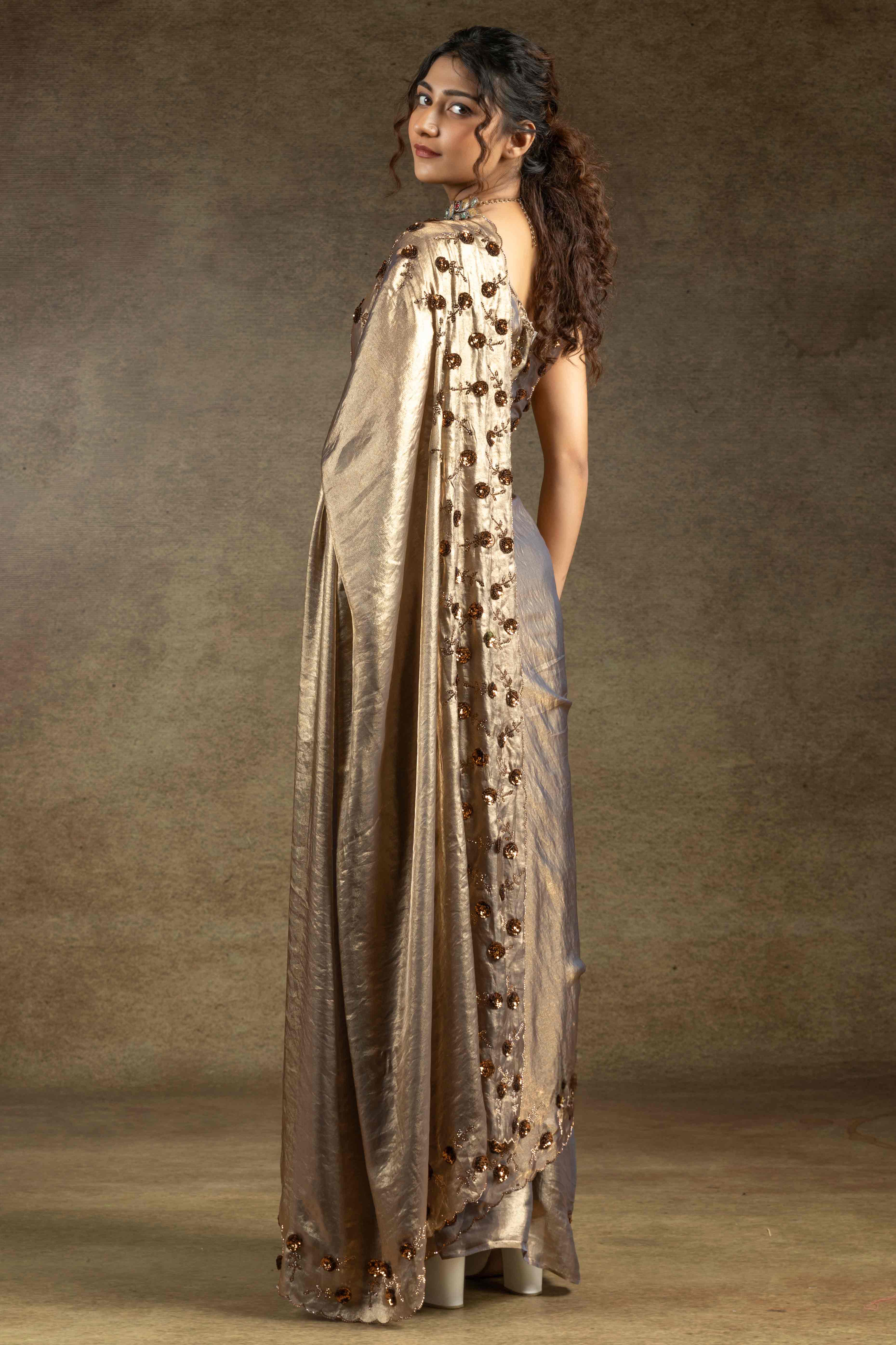 Lava Grey Zarkan With Sequin & Beads Work Satin Silk Two Tone Saree