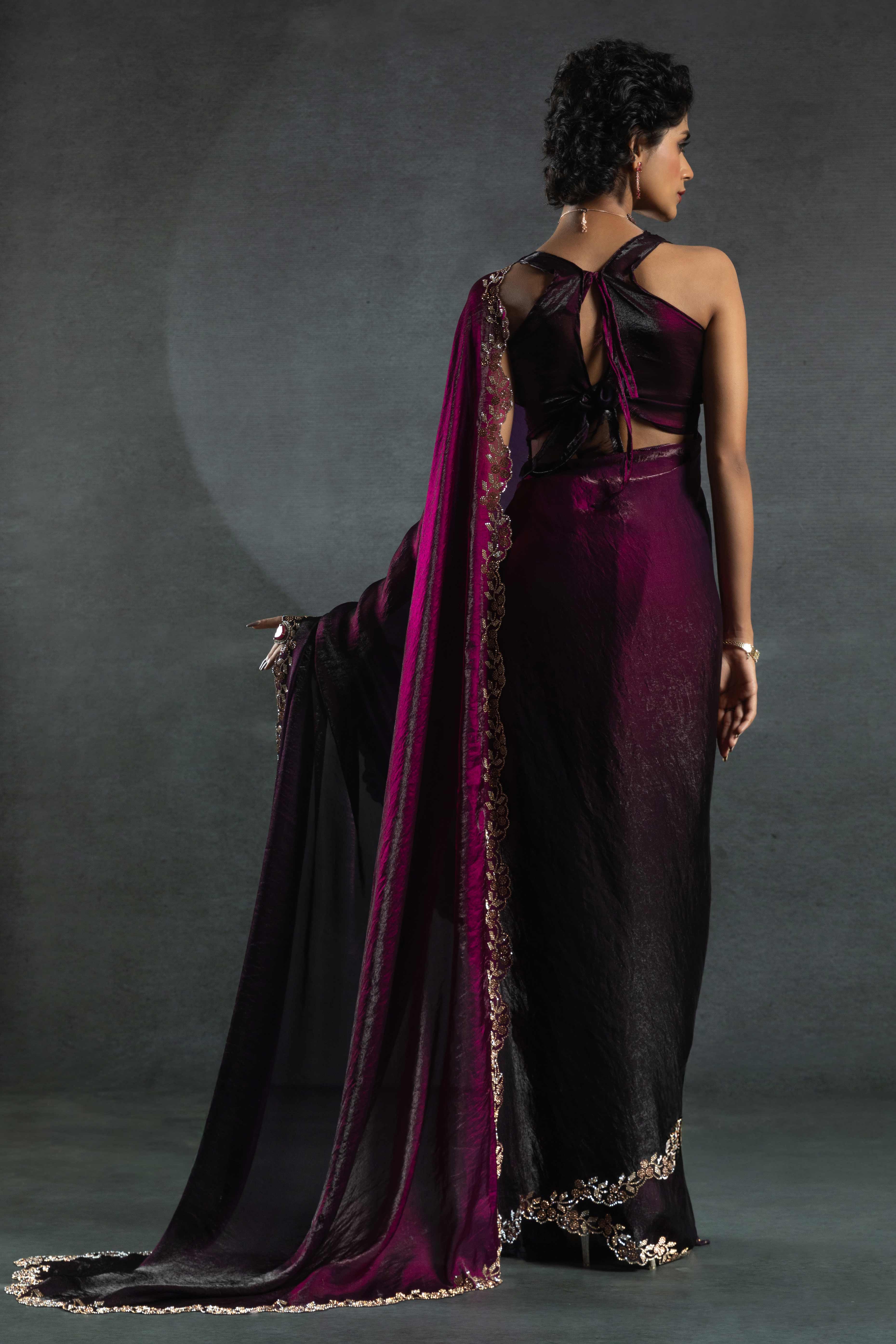 Purple Satin Silk Two Tone Saree with Intricate Zarkan Embellishments