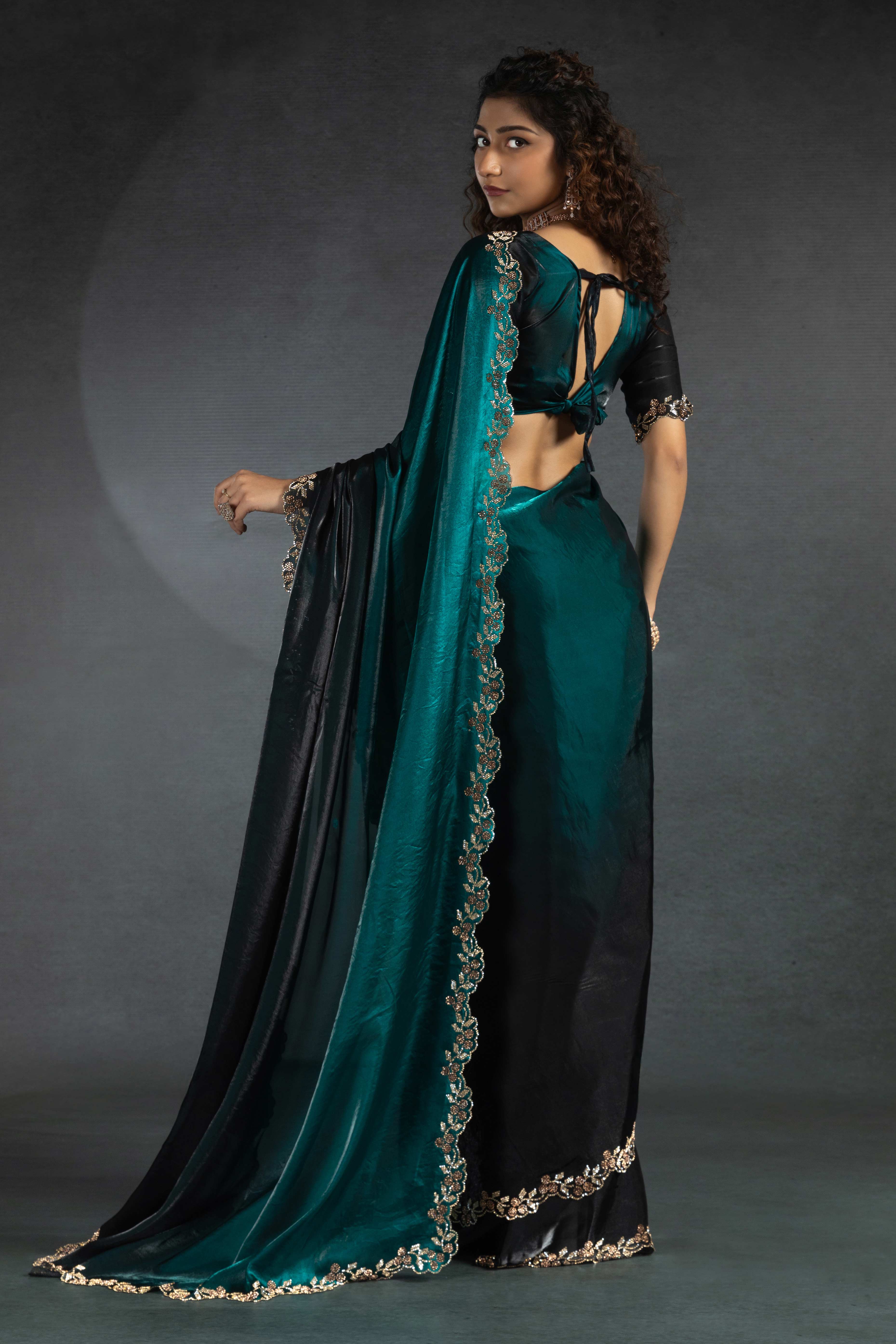 Teal Satin Silk Two Tone Saree with Intricate Zarkan Embellishments