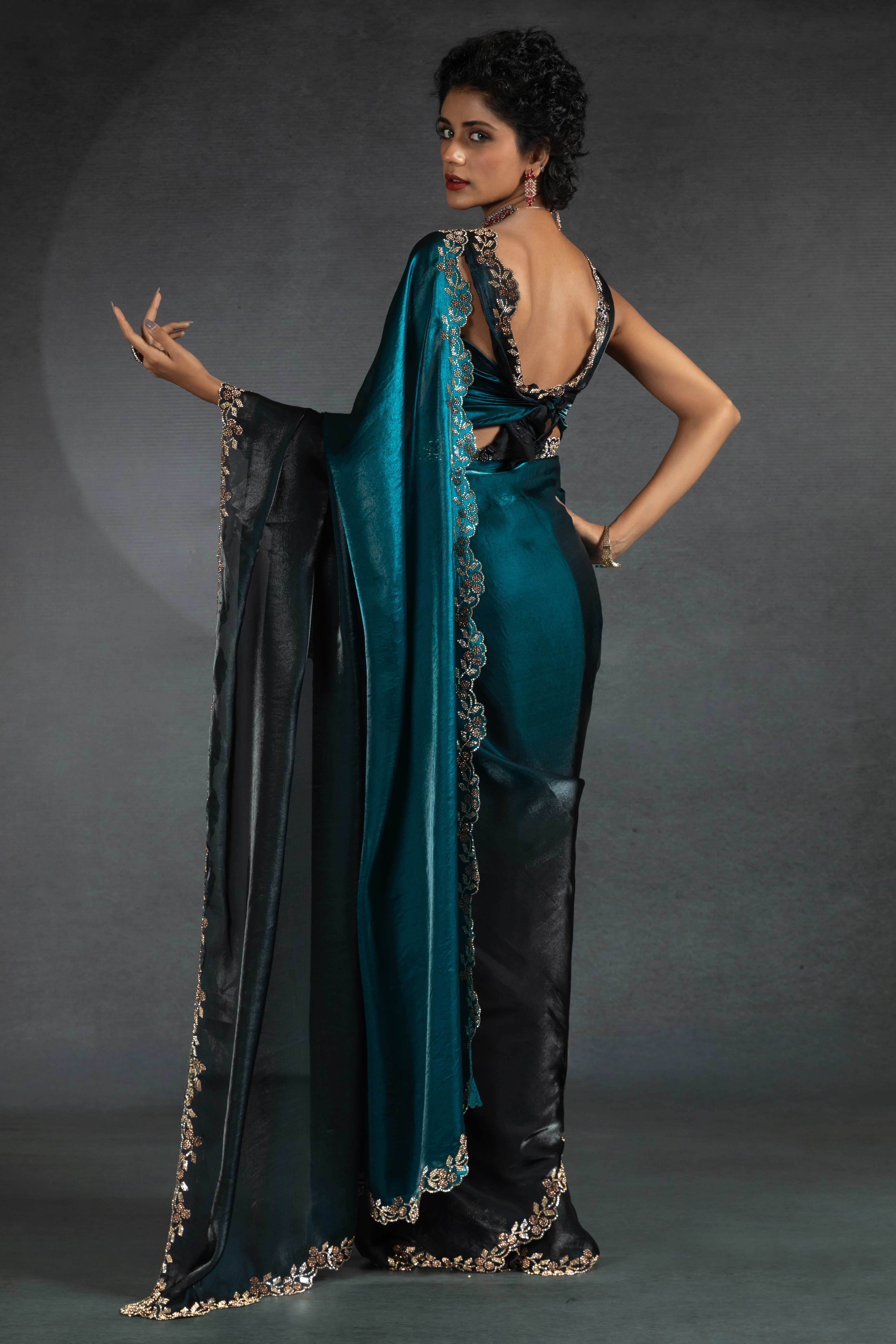 Morpich Blue Satin Silk Two Tone Saree with Intricate Zarkan Embellishments