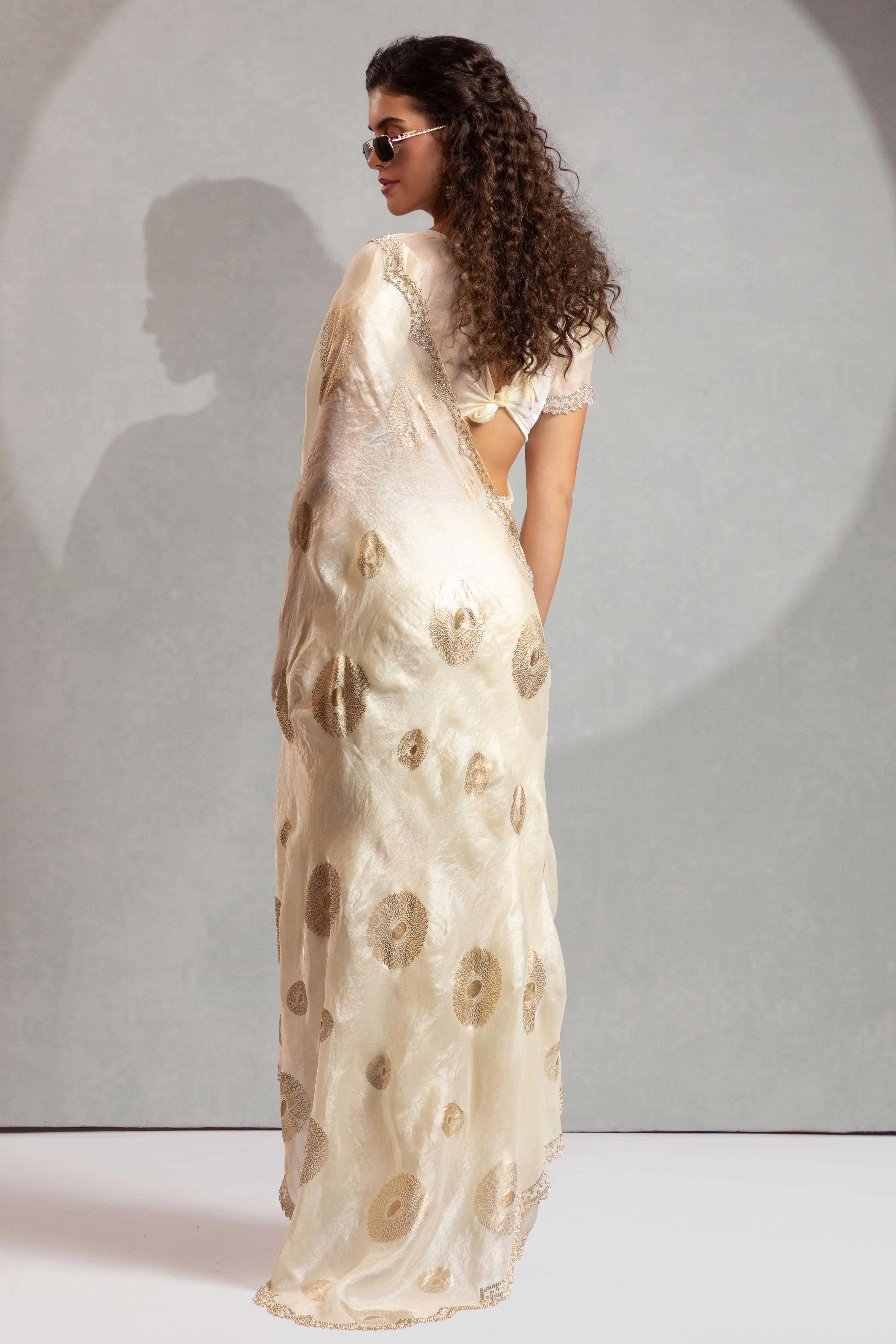 Designer Ivory White Satin Silk Embellished Saree with Alluring Stone Work